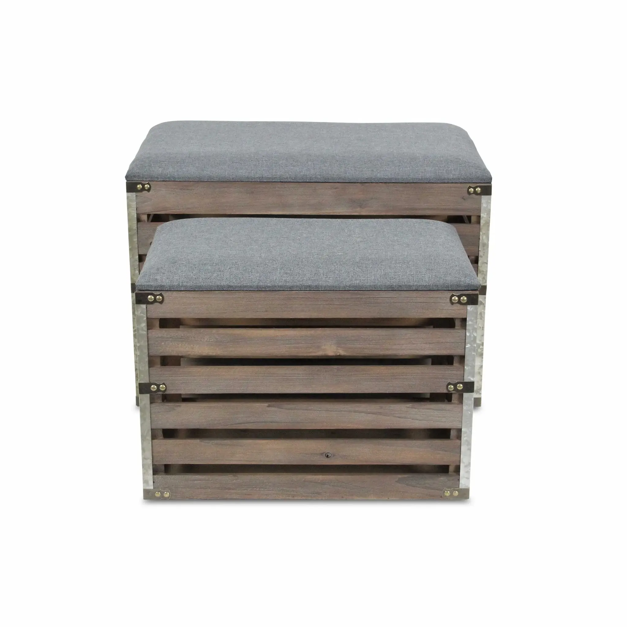 Set Of 2 Rectangular Gray Linen Fabric And Wood Slats Storage Benches - Image 4