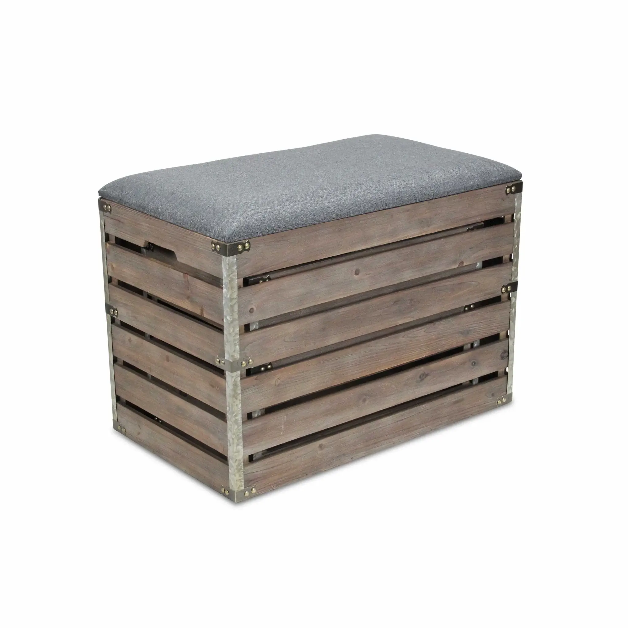 Set Of 2 Rectangular Gray Linen Fabric And Wood Slats Storage Benches - Image 5