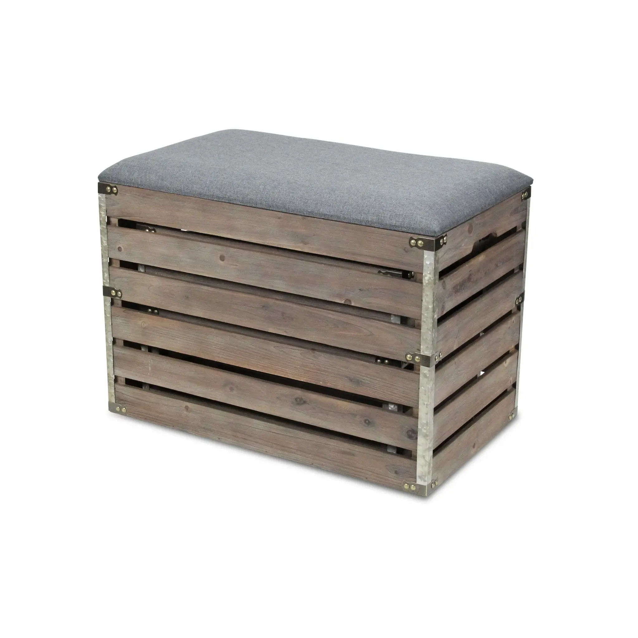 Set Of 2 Rectangular Gray Linen Fabric And Wood Slats Storage Benches - Image 6