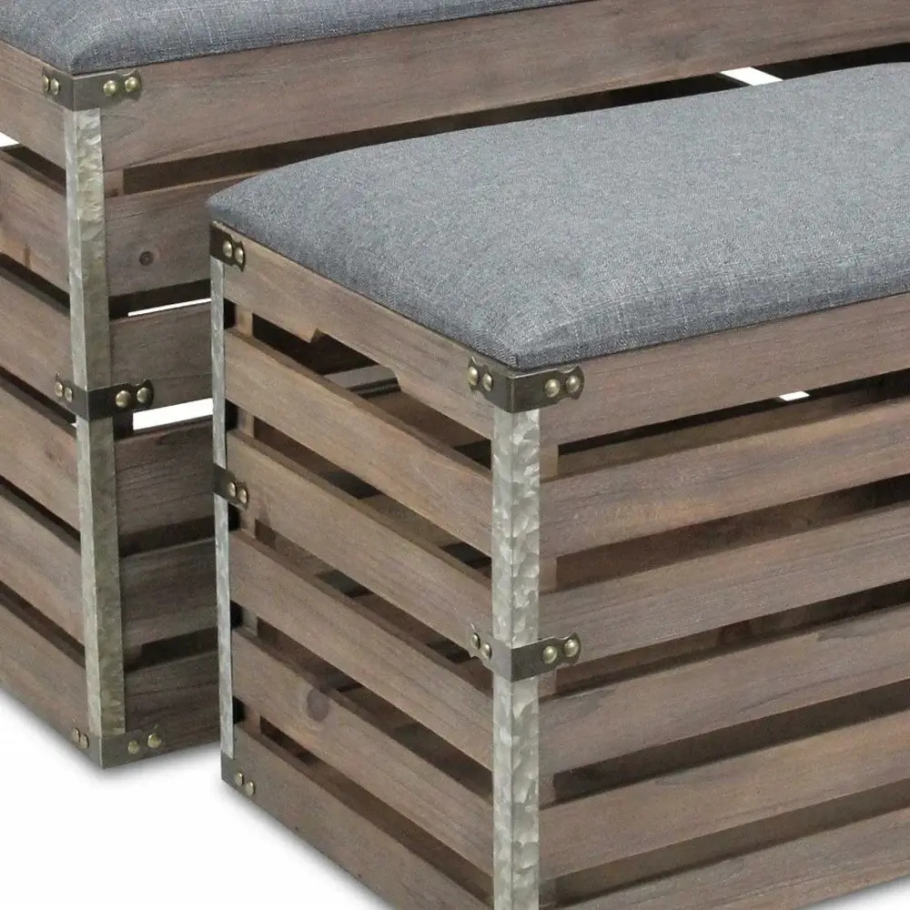 Set Of 2 Rectangular Gray Linen Fabric And Wood Slats Storage Benches - Image 7