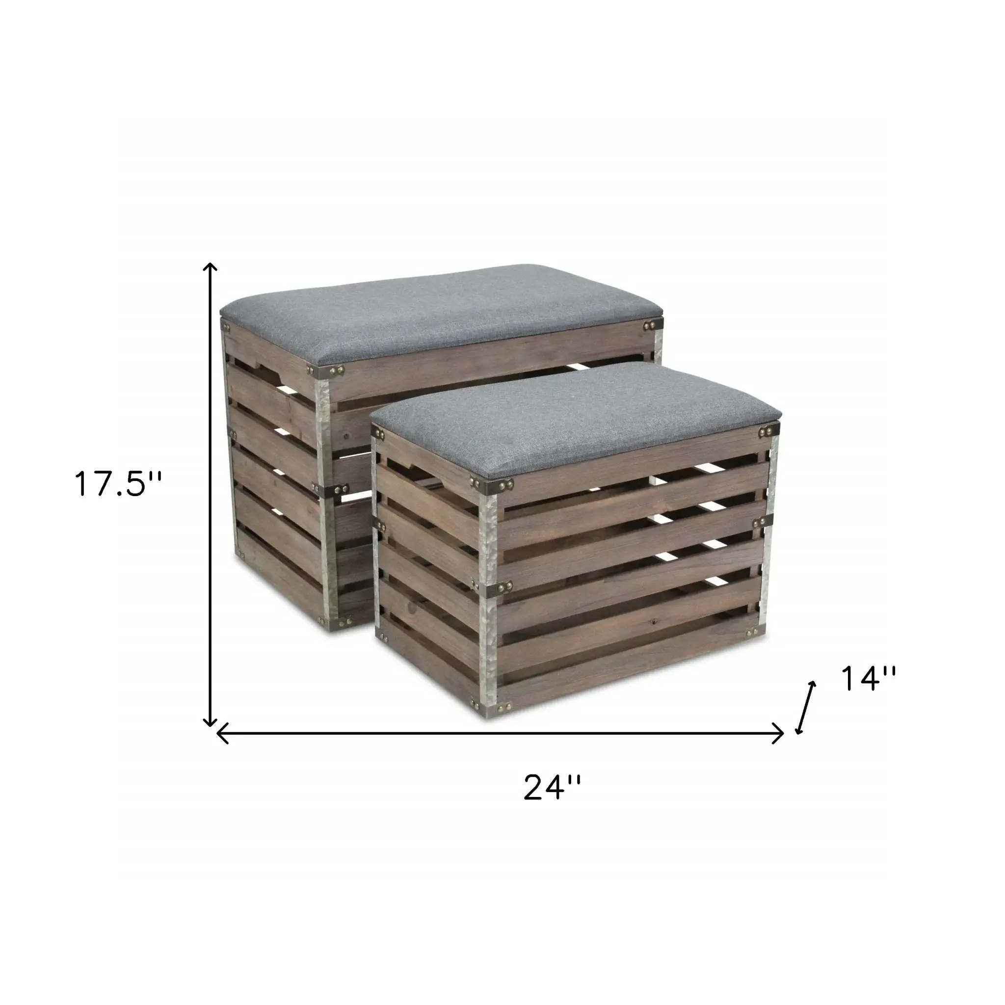 Set Of 2 Rectangular Gray Linen Fabric And Wood Slats Storage Benches - Image 8