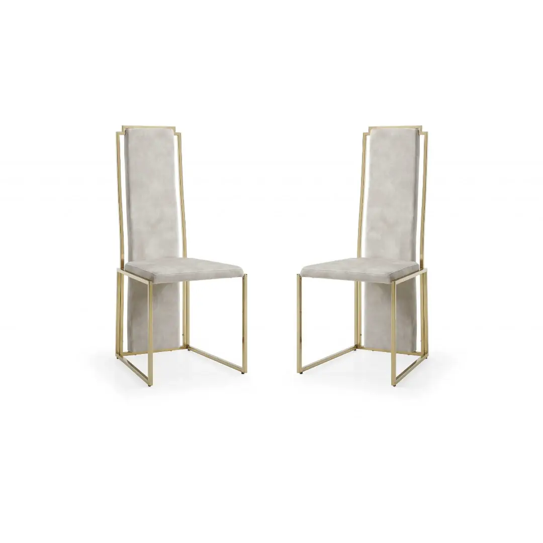 Set Of 2 Ultra Modern Beige Suede And Gold Dining Chairs