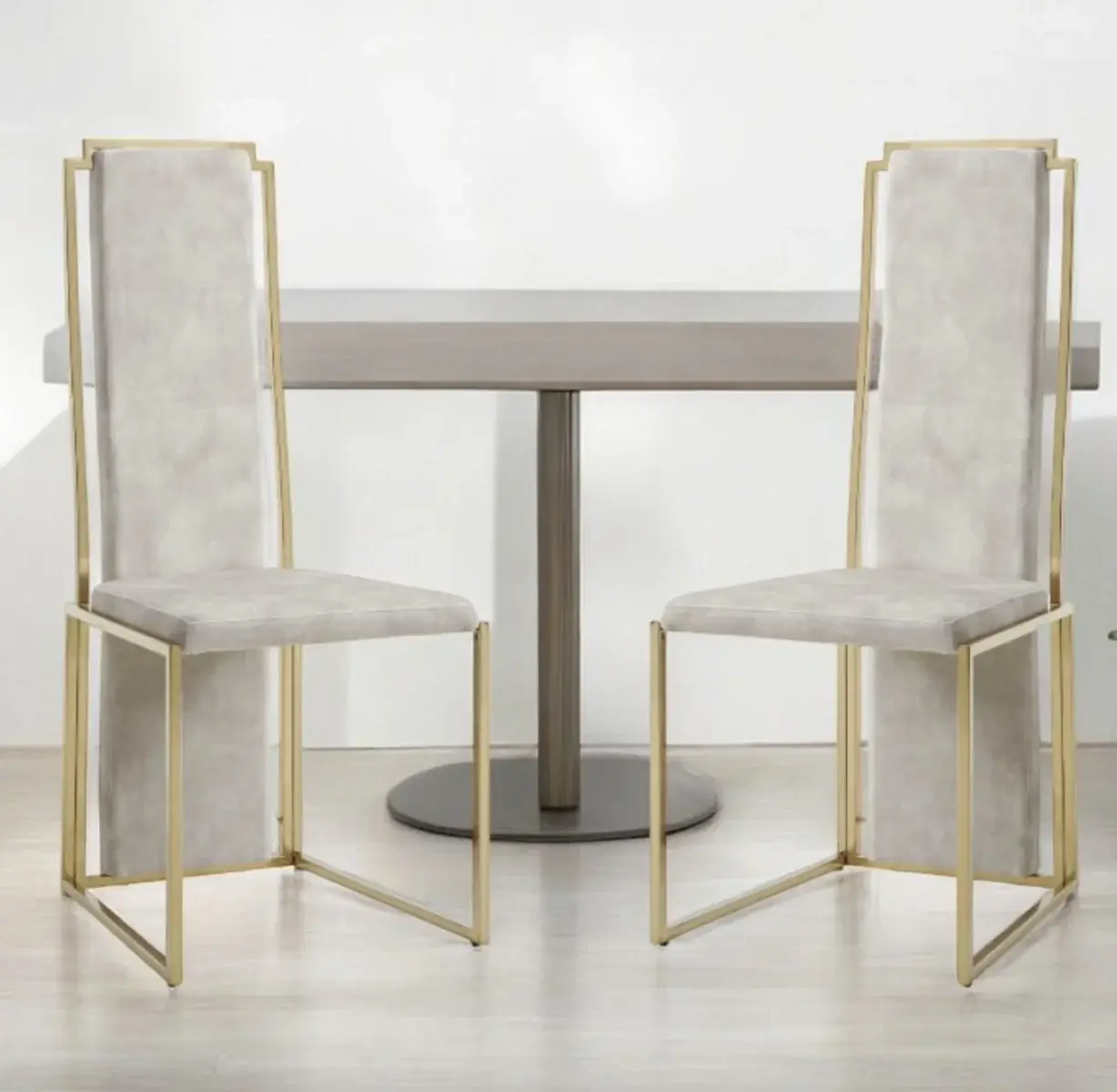 Set Of 2 Ultra Modern Beige Suede And Gold Dining Chairs - Image 2