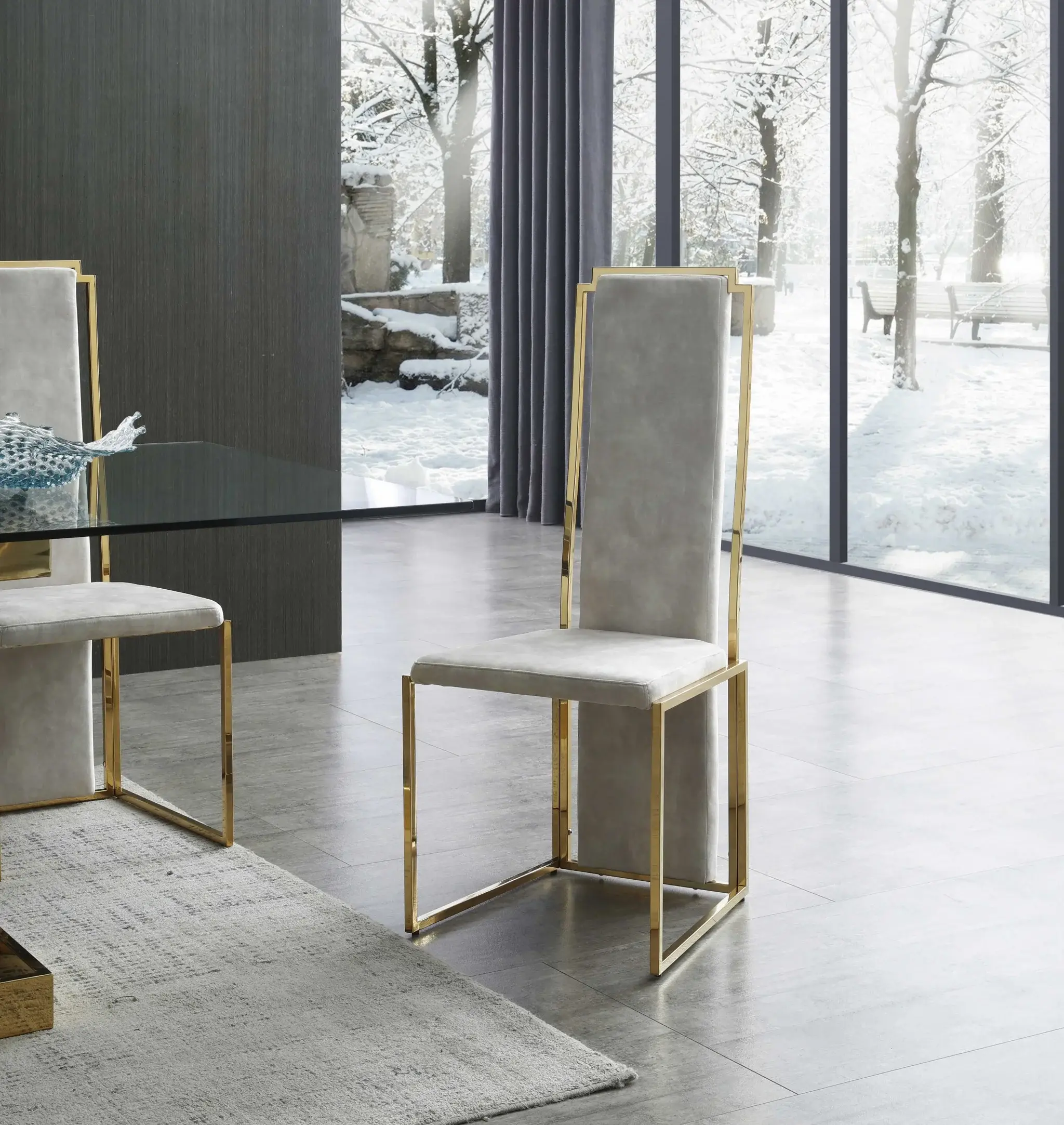Set Of 2 Ultra Modern Beige Suede And Gold Dining Chairs - Image 8