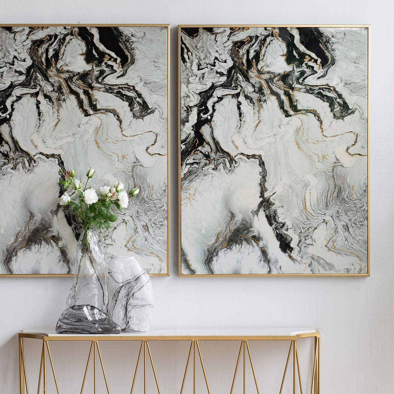 Set of 2 Ultra Modern White Black and Gold Marblized Wall Art - Image 4