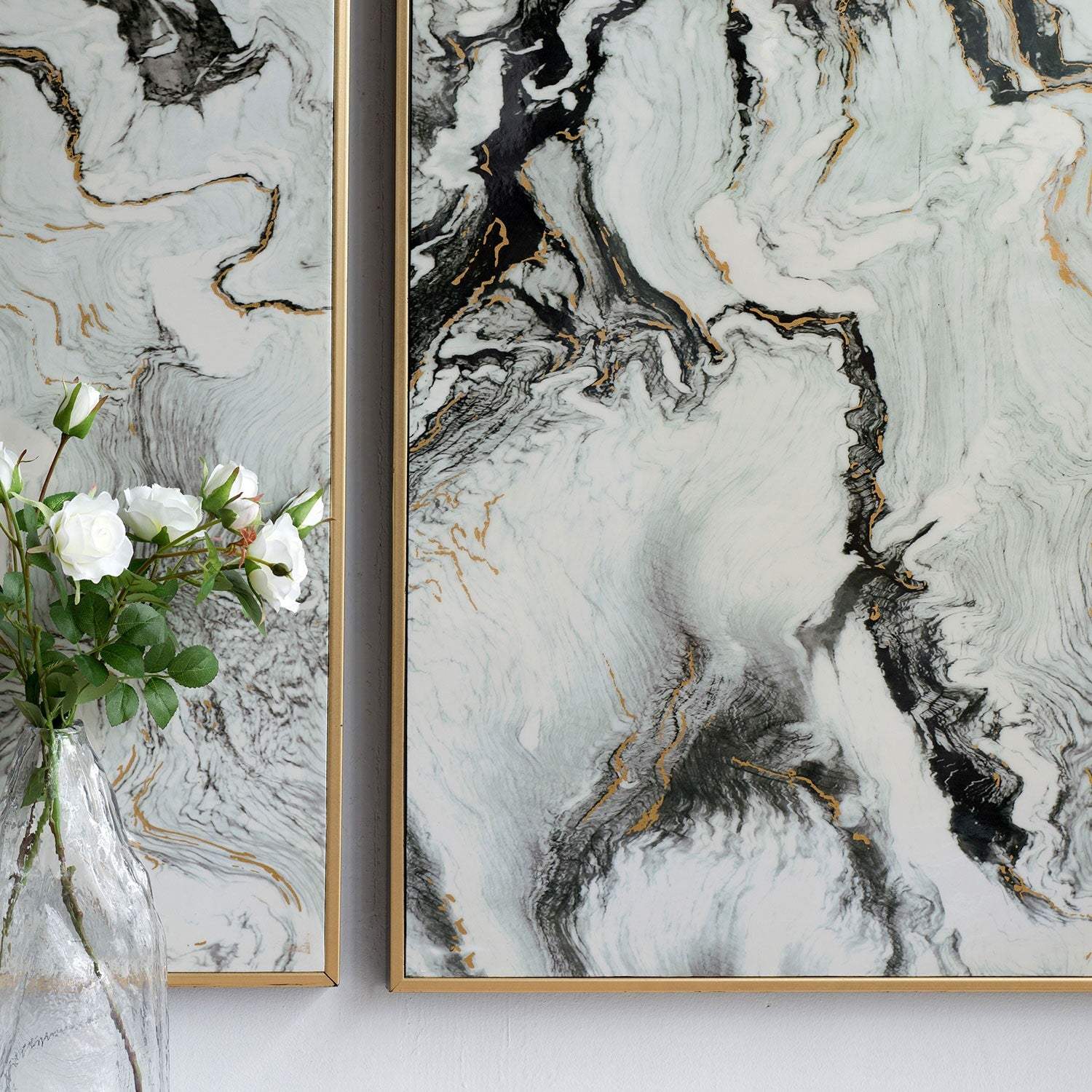 Set of 2 Ultra Modern White Black and Gold Marblized Wall Art - Image 5
