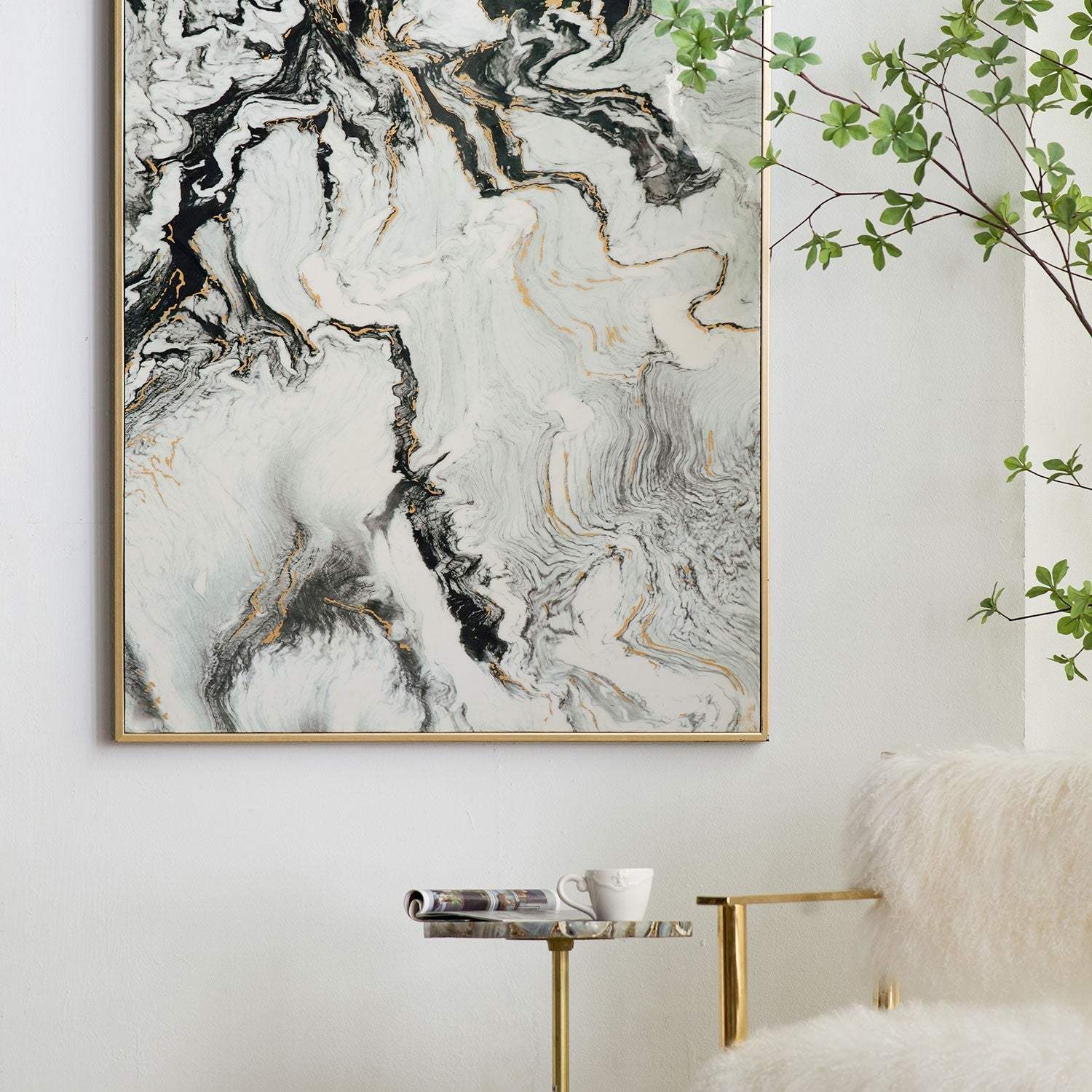 Set of 2 Ultra Modern White Black and Gold Marblized Wall Art - Image 7