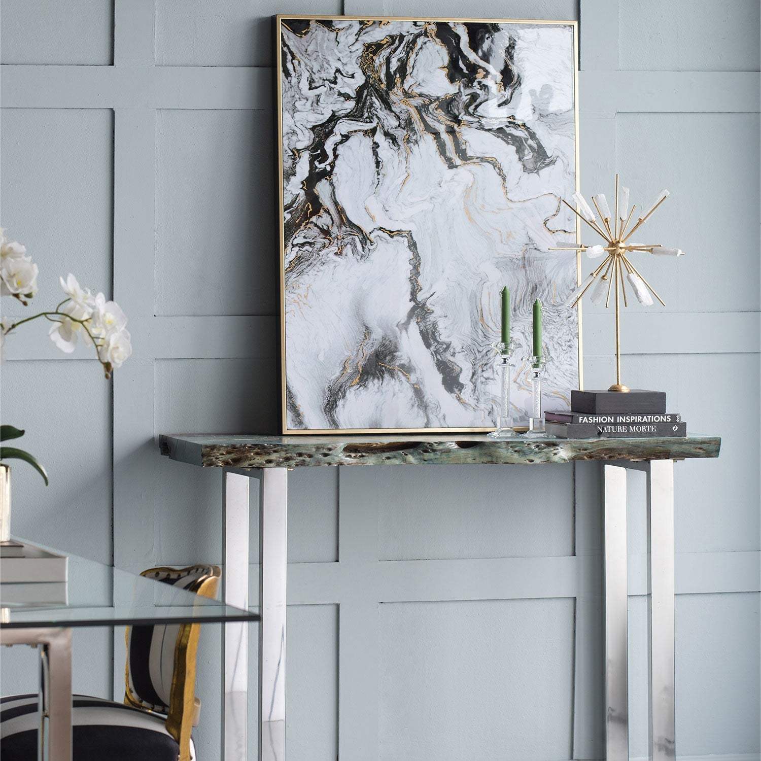Set of 2 Ultra Modern White Black and Gold Marblized Wall Art - Image 8