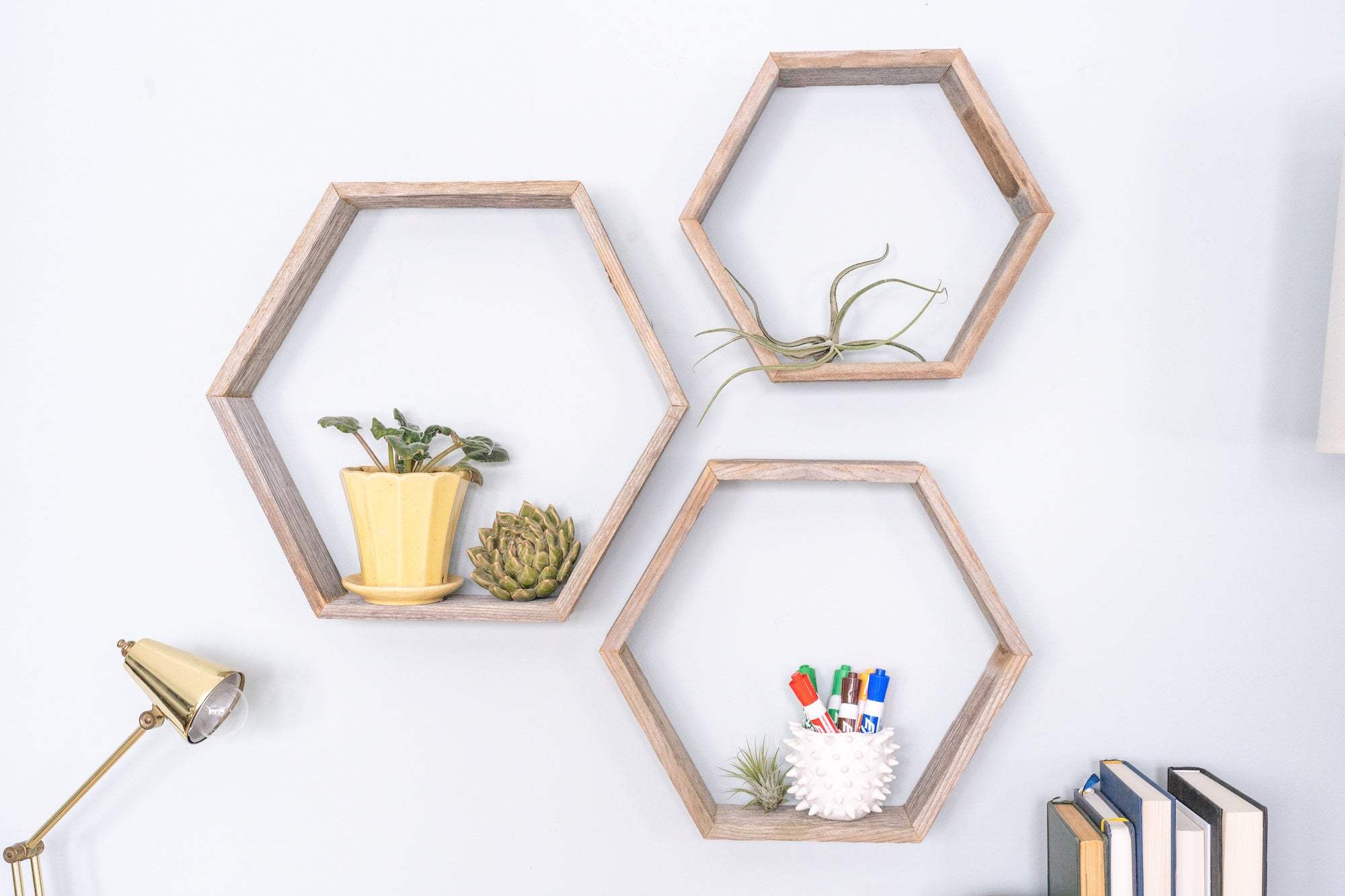 Set Of 3 Hexagon Rustic Natural Weathered Grey Wood Open Box Shelve - Image 2