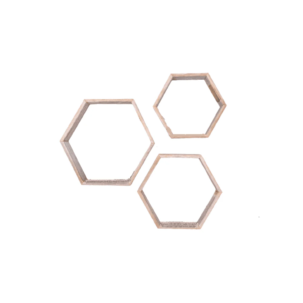 Set Of 3 Hexagon Rustic Natural Weathered Grey Wood Open Box Shelve - Image 3
