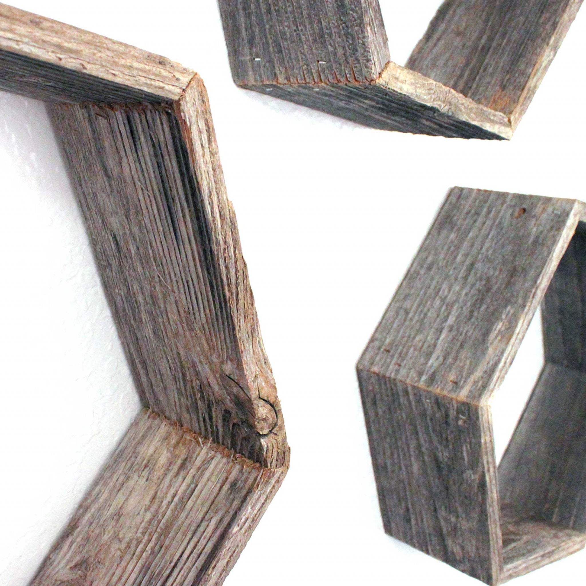Set Of 3 Hexagon Rustic Natural Weathered Grey Wood Open Box Shelve - Image 4
