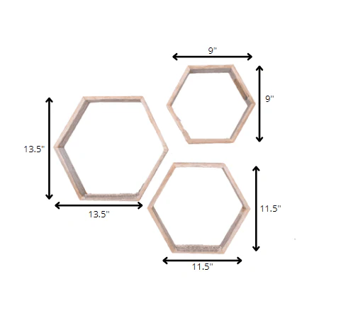Set Of 3 Hexagon Rustic Natural Weathered Grey Wood Open Box Shelve - Image 8