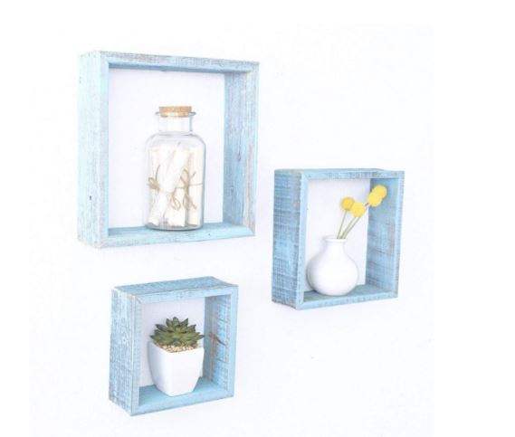 Set Of 3 Square Robins Egg Blue Reclaimed Wood Open Box Shelve - Image 3