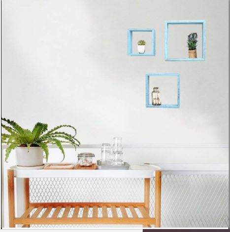 Set Of 3 Square Robins Egg Blue Reclaimed Wood Open Box Shelve - Image 4
