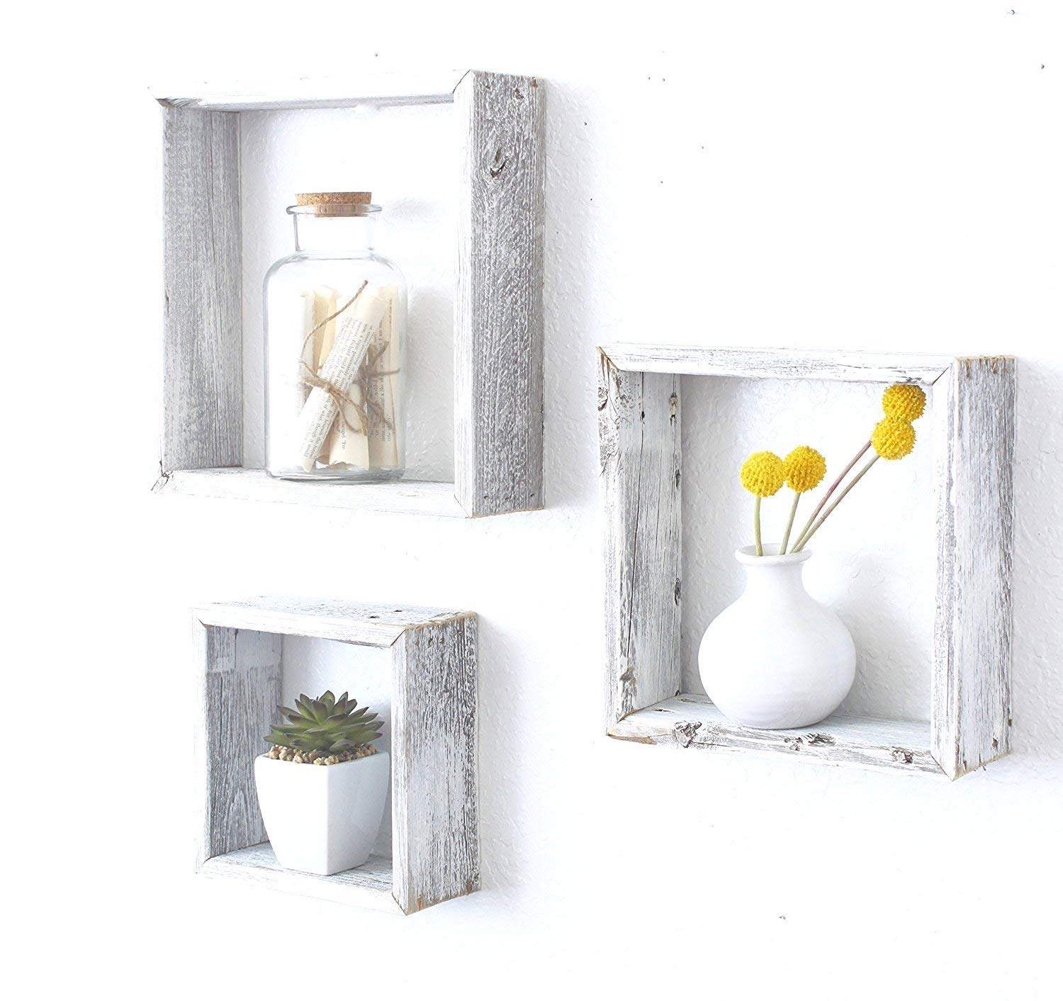 Set Of 3 Square Rustic White Wash Wood Open Box Shelve - Image 2