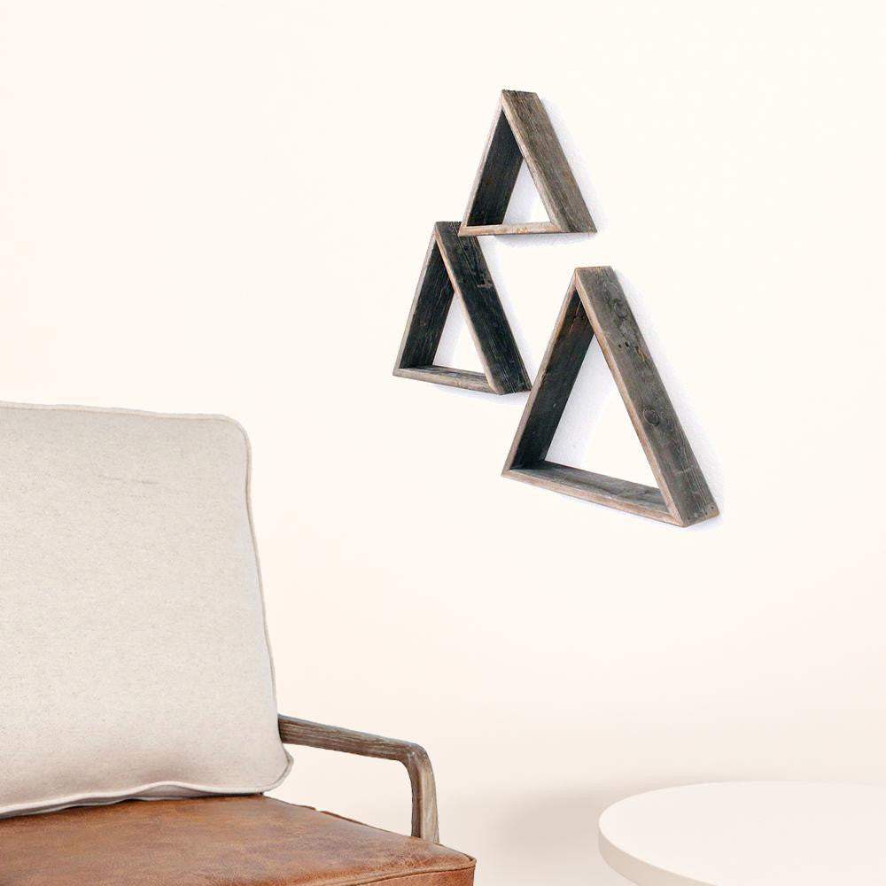 Set Of 3 Triangle Rustic Natural Weathered Grey Wood Open Box Shelve - Image 2