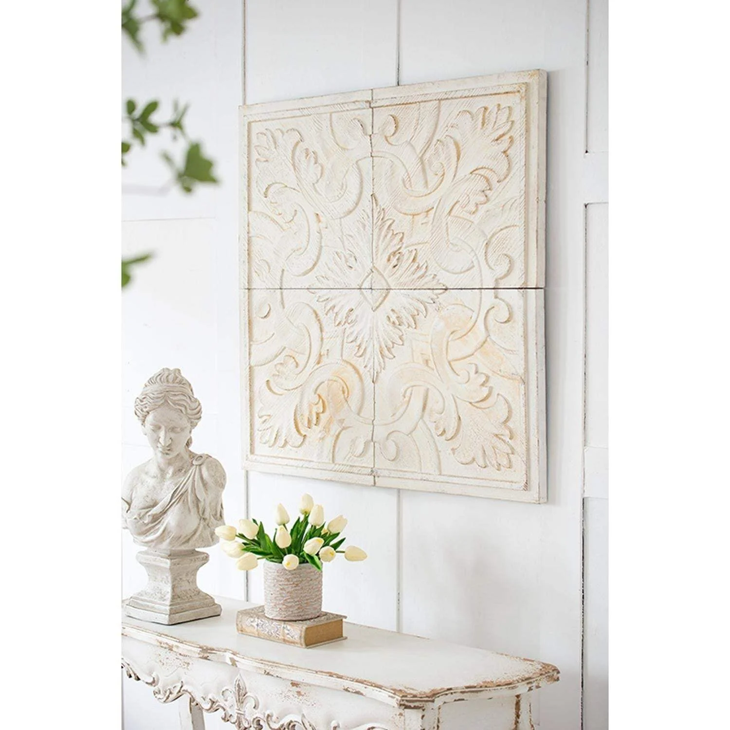 Set of 4 Whitewashed Arabesque Carved Wall Art - Image 4