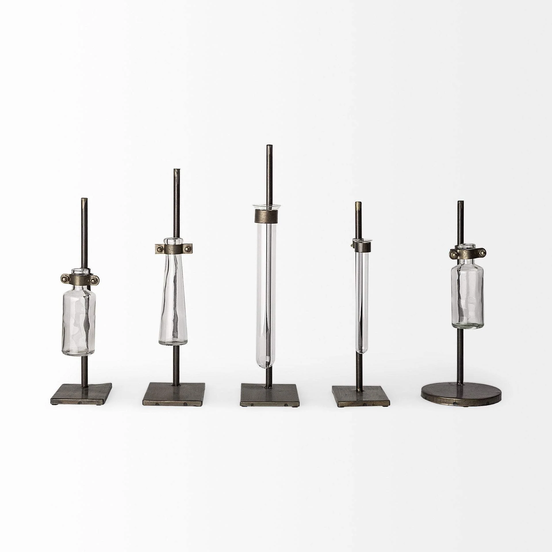 Set of Five Test Tube Vases with Metal Bases - Image 2