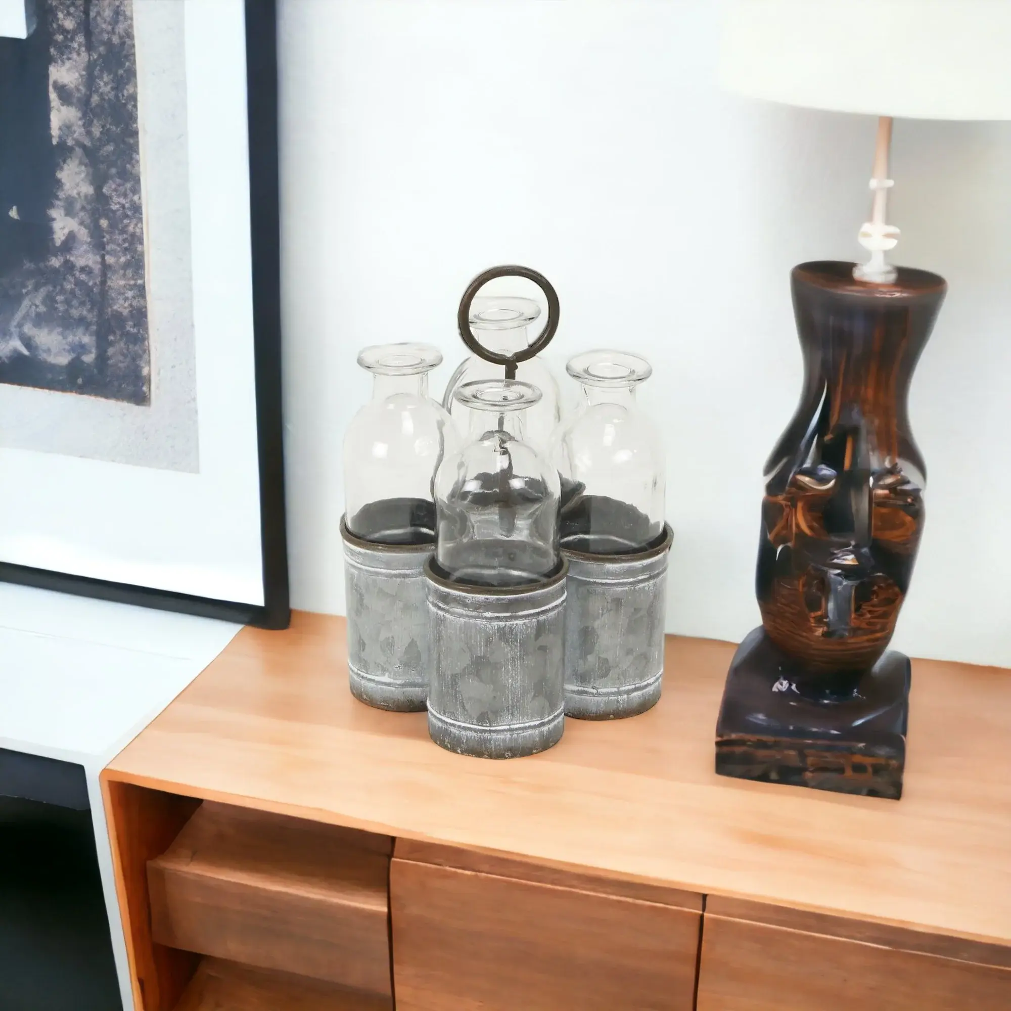 Set of Four Clear Galvanized Metal and Glass Decorative Bottles - Image 3