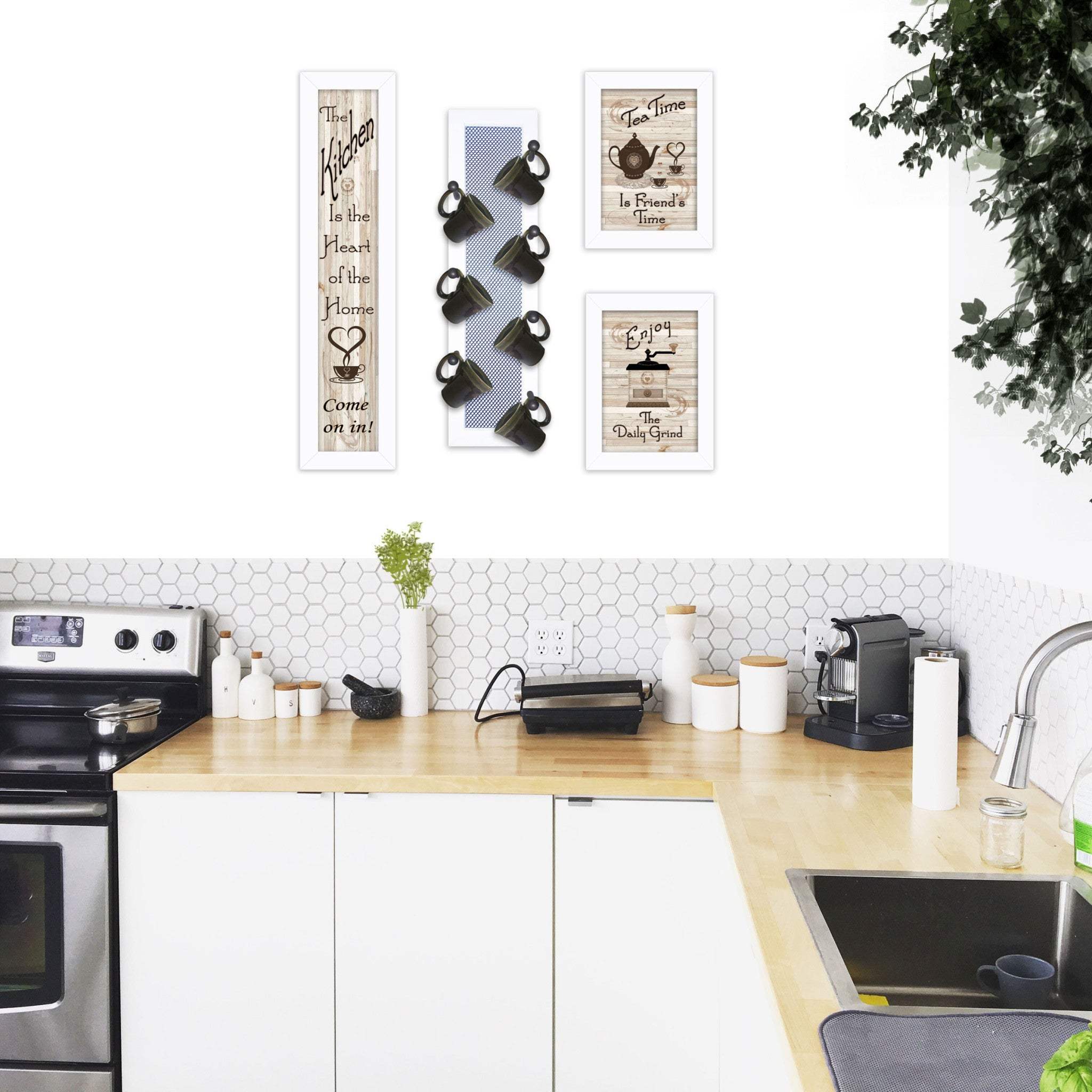 Set Of Four Kitchen Collection V with Seven Peg Mug Rack 4 White Framed Print Kitchen Wall Art - Image 5