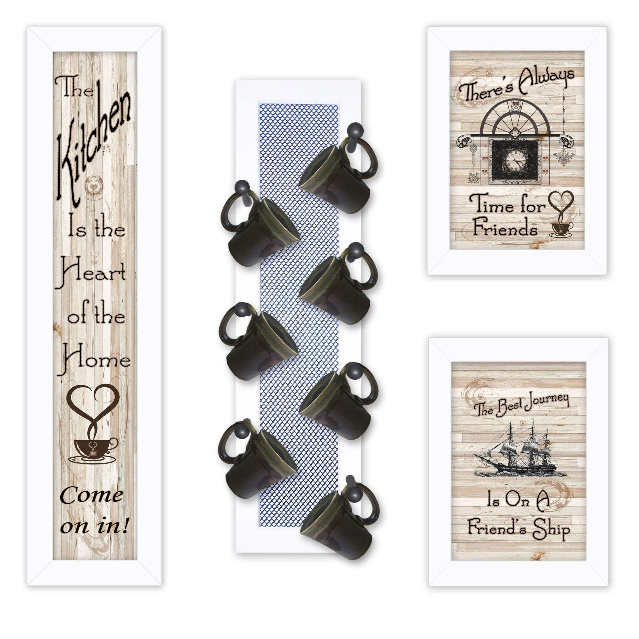 Set Of Four Kitchen Collection with Seven Peg Mug Rack White Framed Print Kitchen Wall Art - Image 2