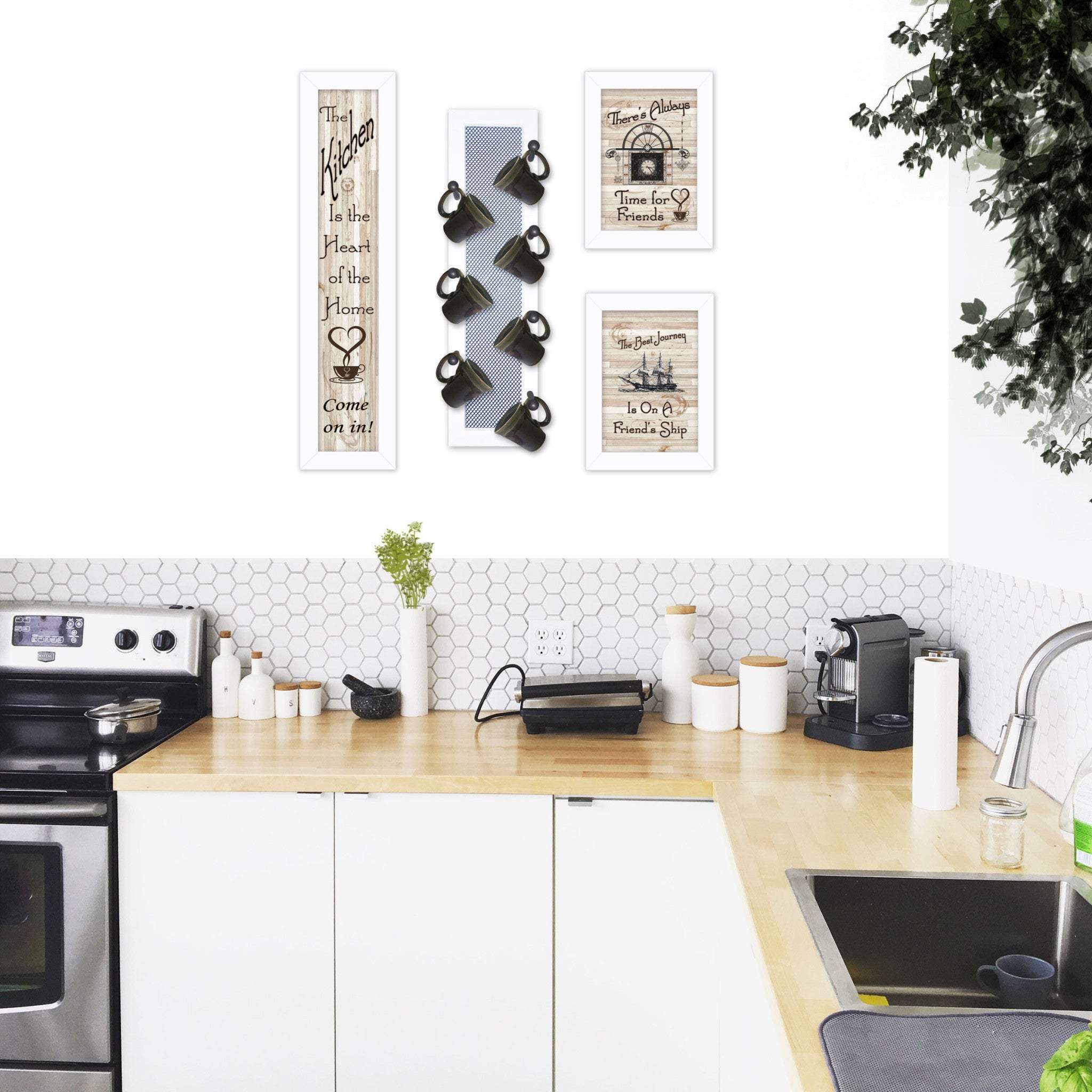 Set Of Four Kitchen Collection with Seven Peg Mug Rack White Framed Print Kitchen Wall Art - Image 6