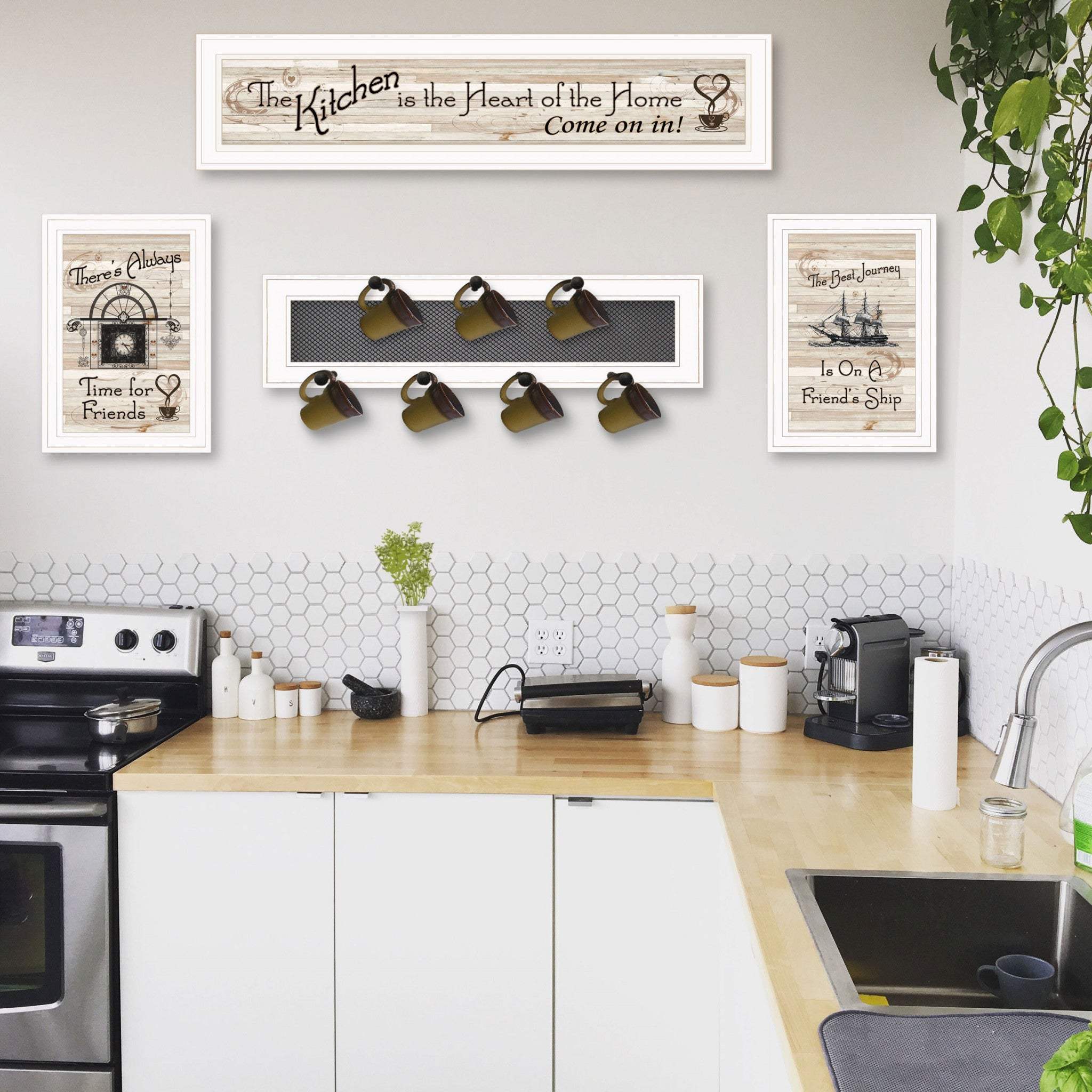Set Of Four Kitchen Print 33x8 and Mug RackHorizonal 27x8x3 White Frame White Framed Print Kitchen Wall Art - Image 7