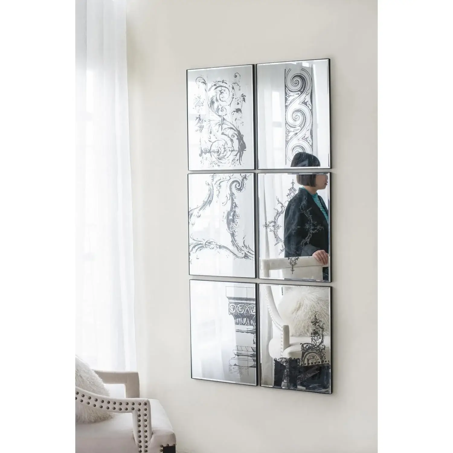 Set of Six Decorative Antiqued Glass Black Metal Framed Mirror Set - Image 9