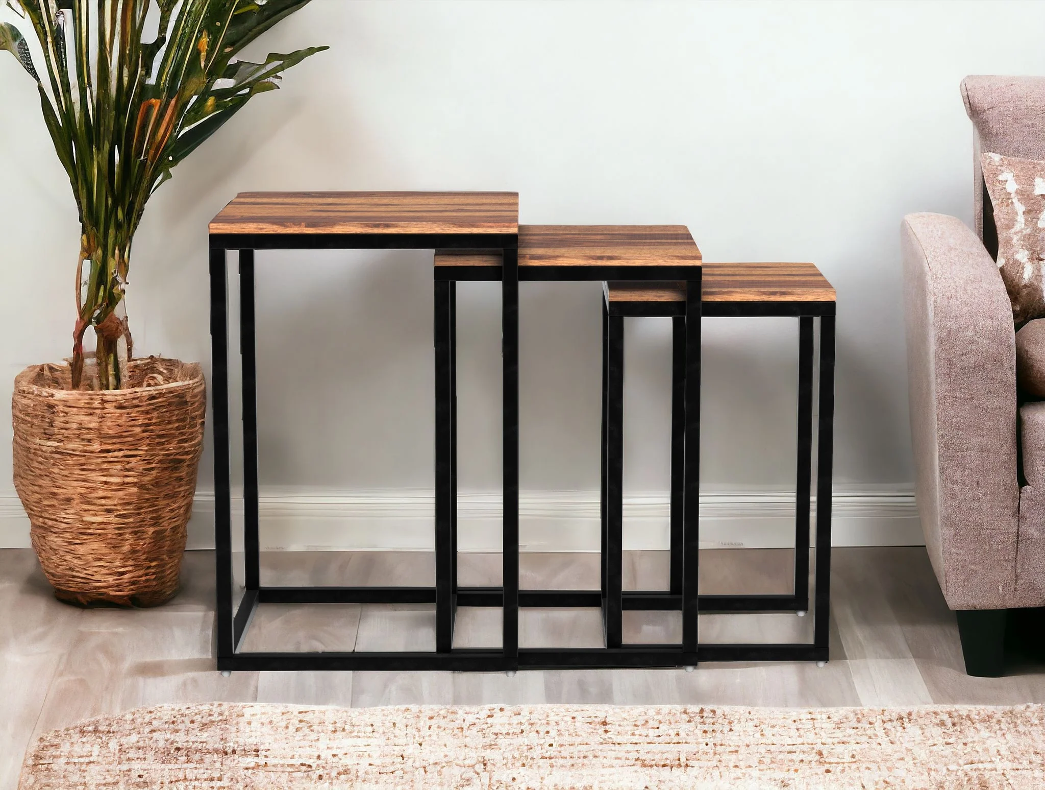 Set of Three 17" Black And Brown Solid Wood Nested Tables - Image 2