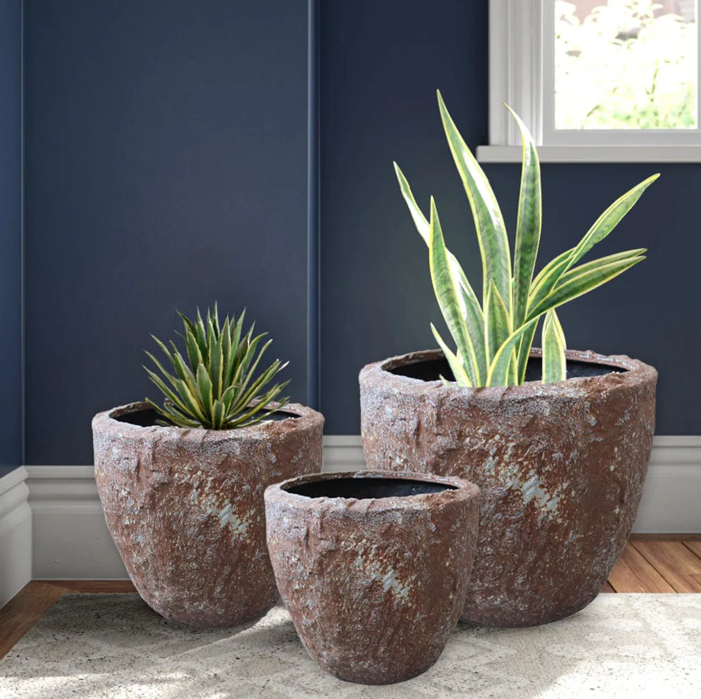 Set of Three 21" Brown Stone Indoor Outdoor Round Pot Planter - Image 4
