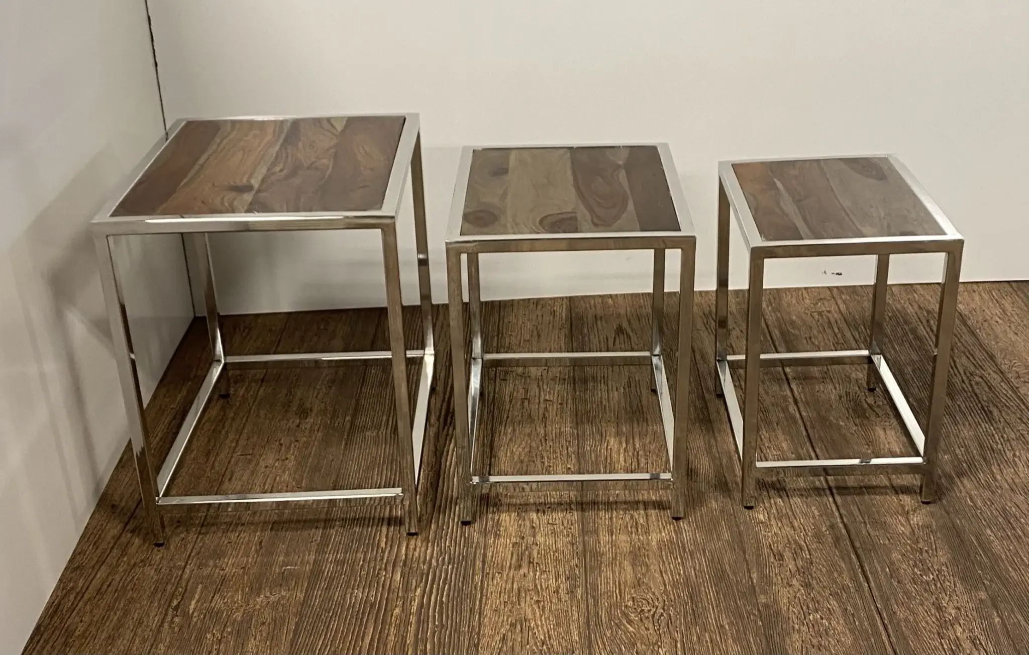Set of Three 21" Silver And Brown Solid Wood Nested Tables - Image 6