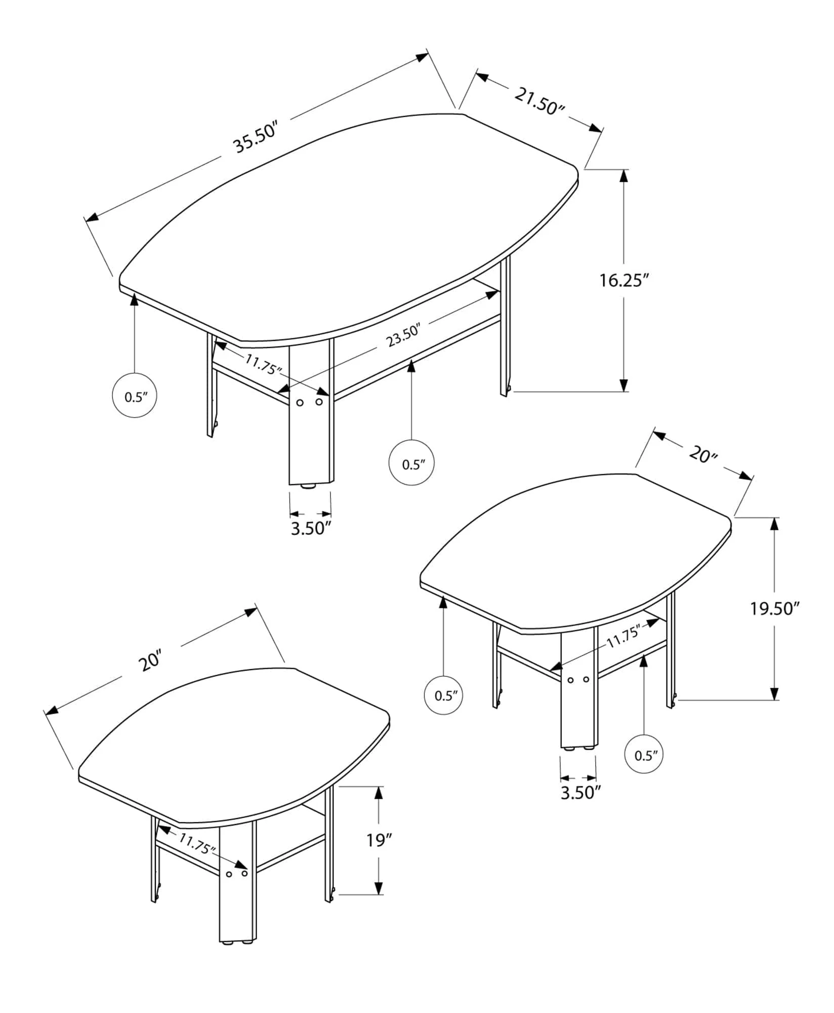 Set of Three 36" Brown Coffee Table With Shelf - Image 4