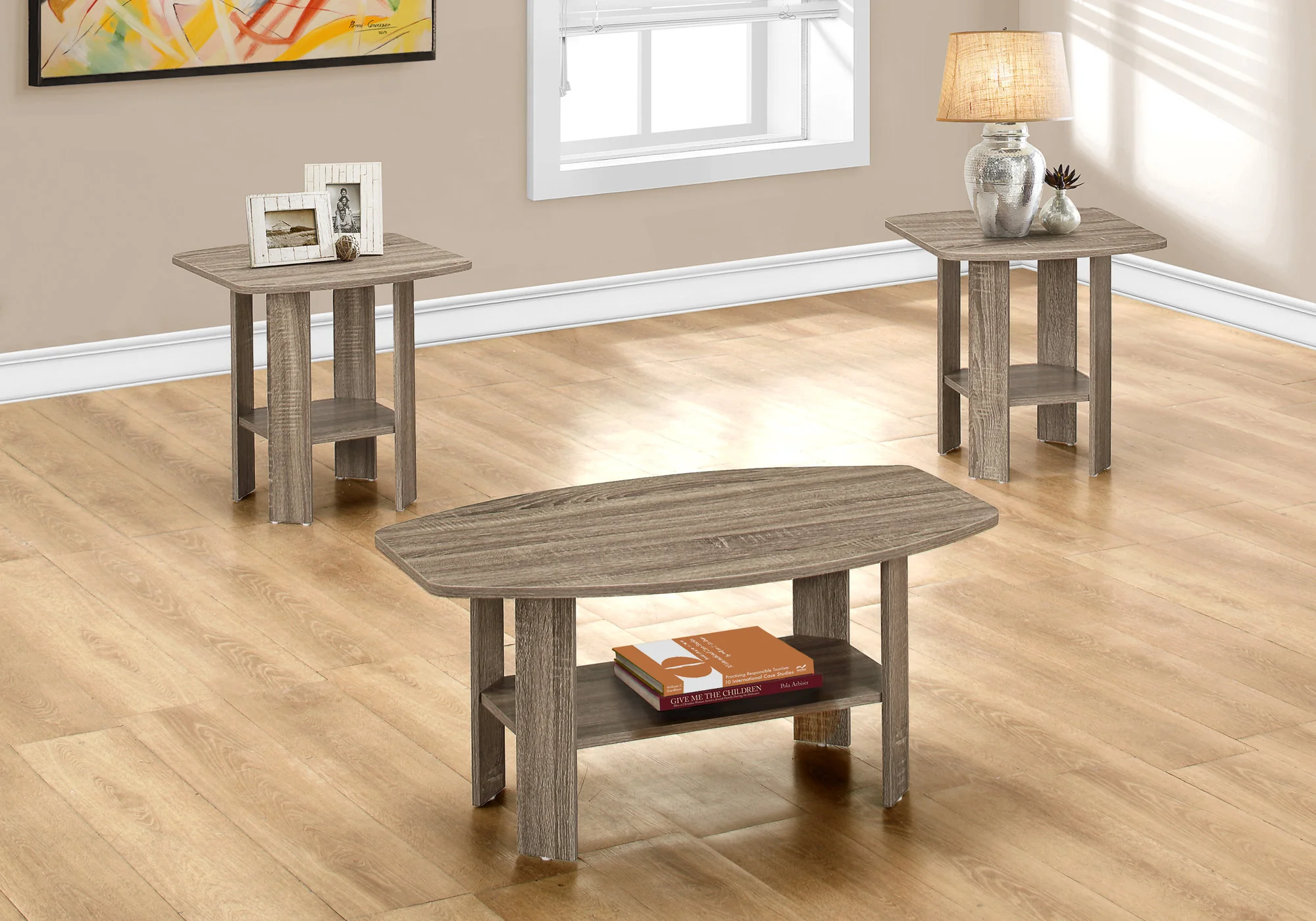 Set of Three 36" Taupe Coffee Table With Shelf - Image 5