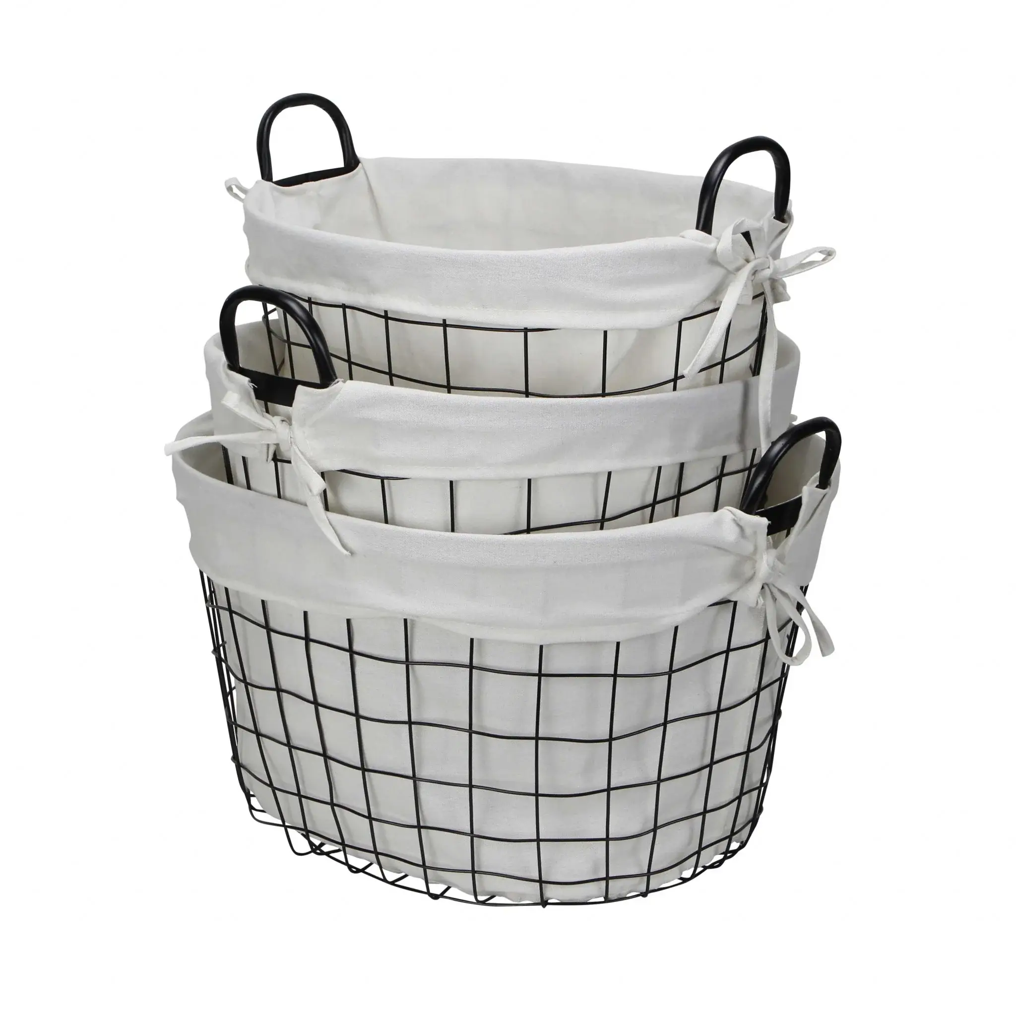 Set Of Three Black Oval Wire Baskets with White Fabric Liners and Handles - Image 5