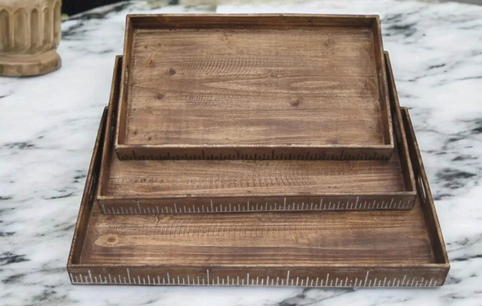 Set of Three Brown Wood Serving Tray