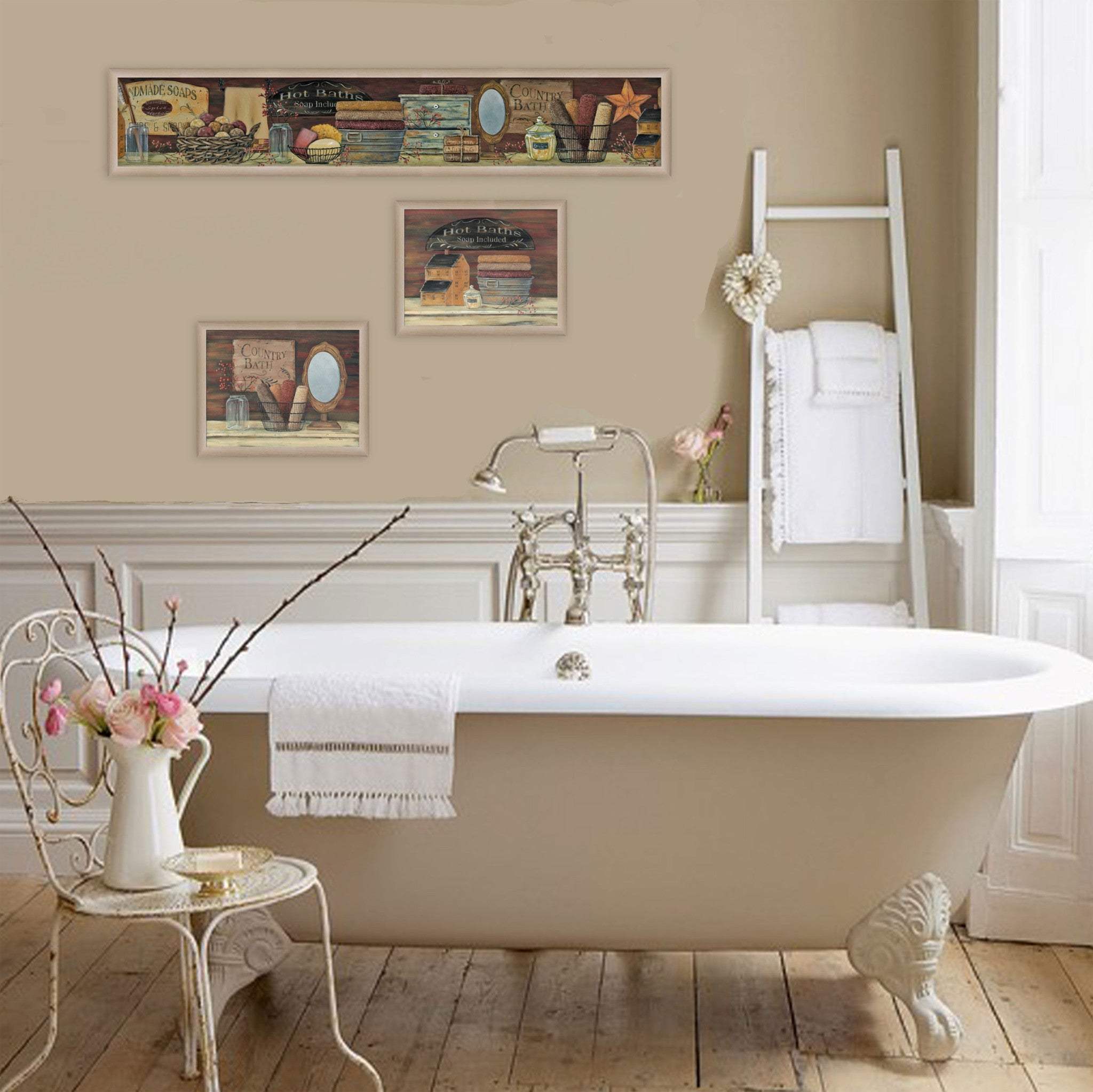 Set Of Three COUNTRY BATH II 4 Brown Framed Print Bathroom Wall Art - Image 4