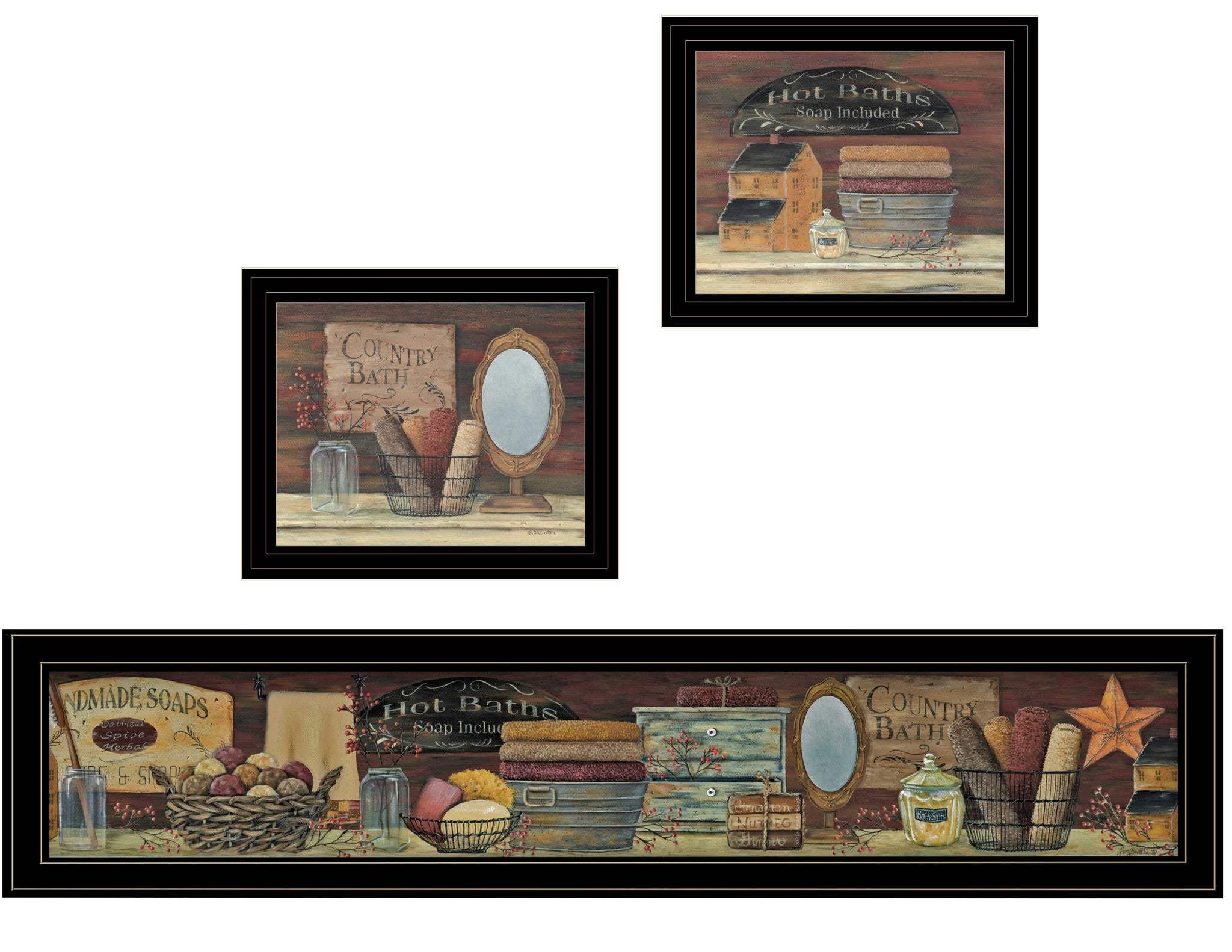 Set Of Three COUNTRY BATH II 5 Black Framed Print Bathroom Wall Art - Image 2