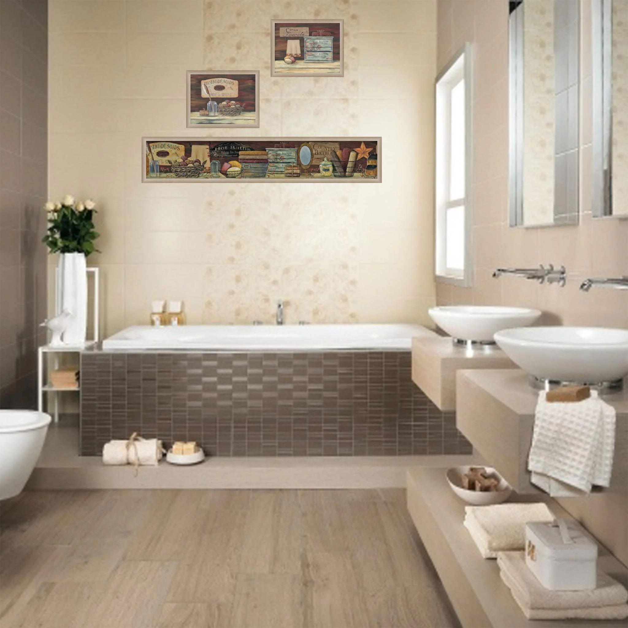 Set Of Three COUNTRY BATH II 7 Brown Framed Print Bathroom Wall Art - Image 4