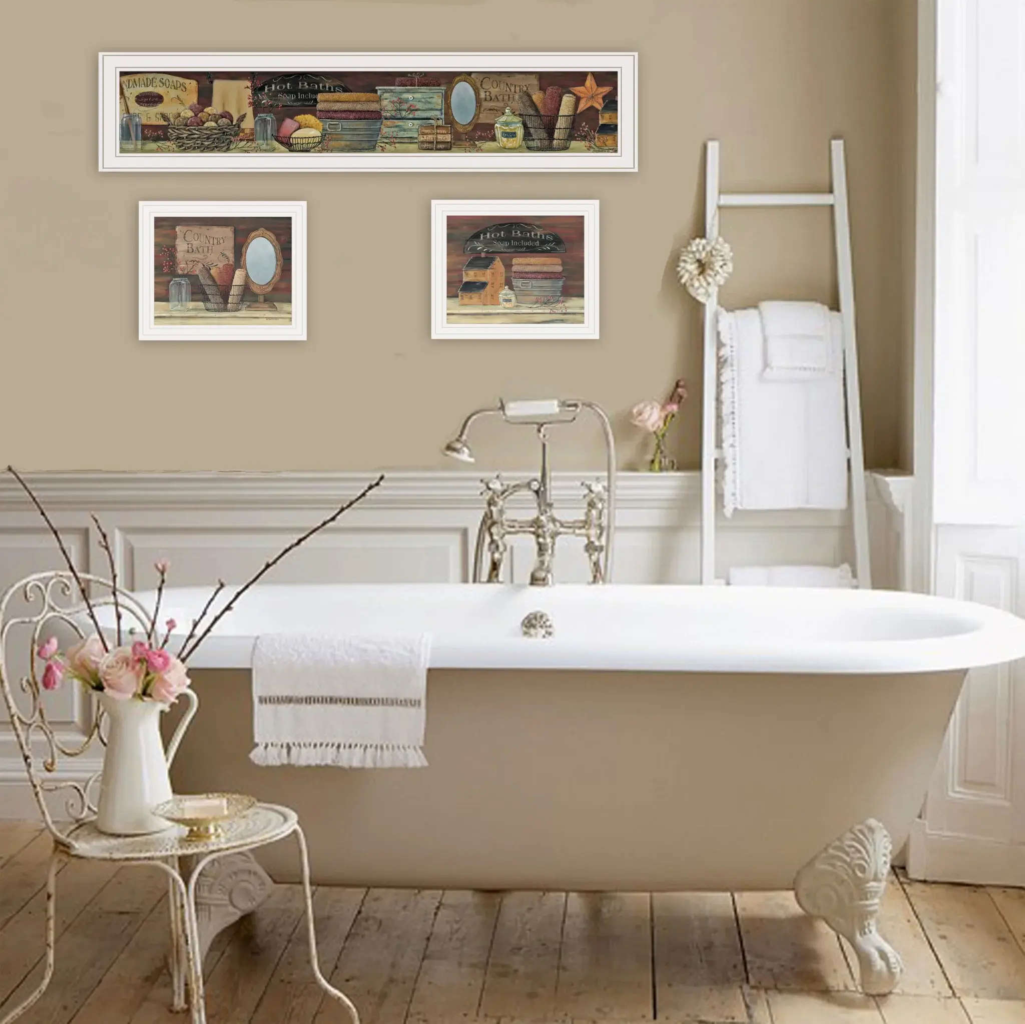 Set Of Three COUNTRY BATH White Framed Print Bathroom Wall Art - Image 4