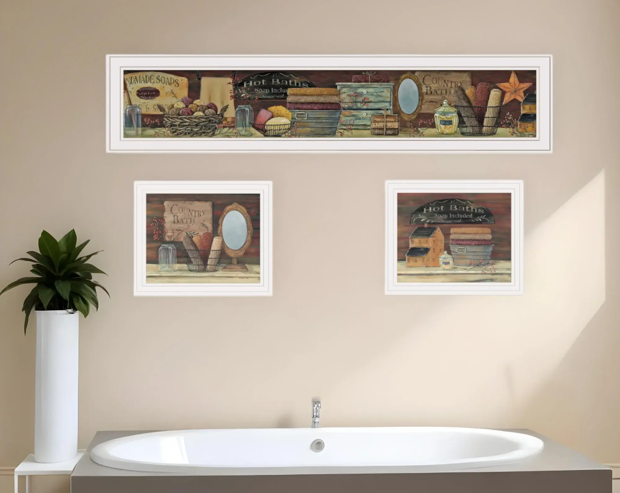 Set Of Three COUNTRY BATH White Framed Print Bathroom Wall Art - Image 5