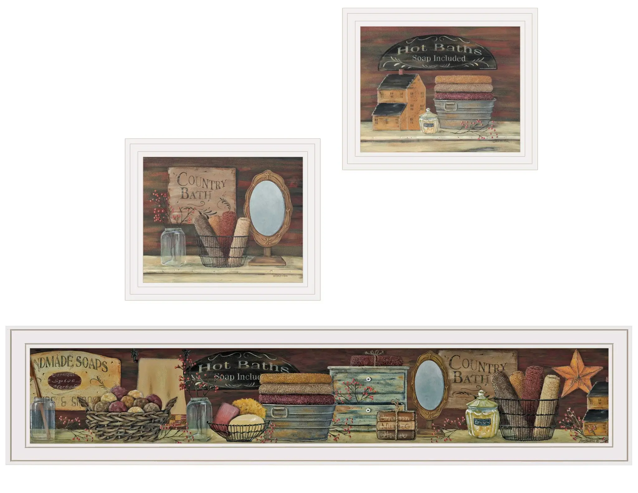 Set Of Three COUNTRY BATH White Framed Print Bathroom Wall Art - Image 3
