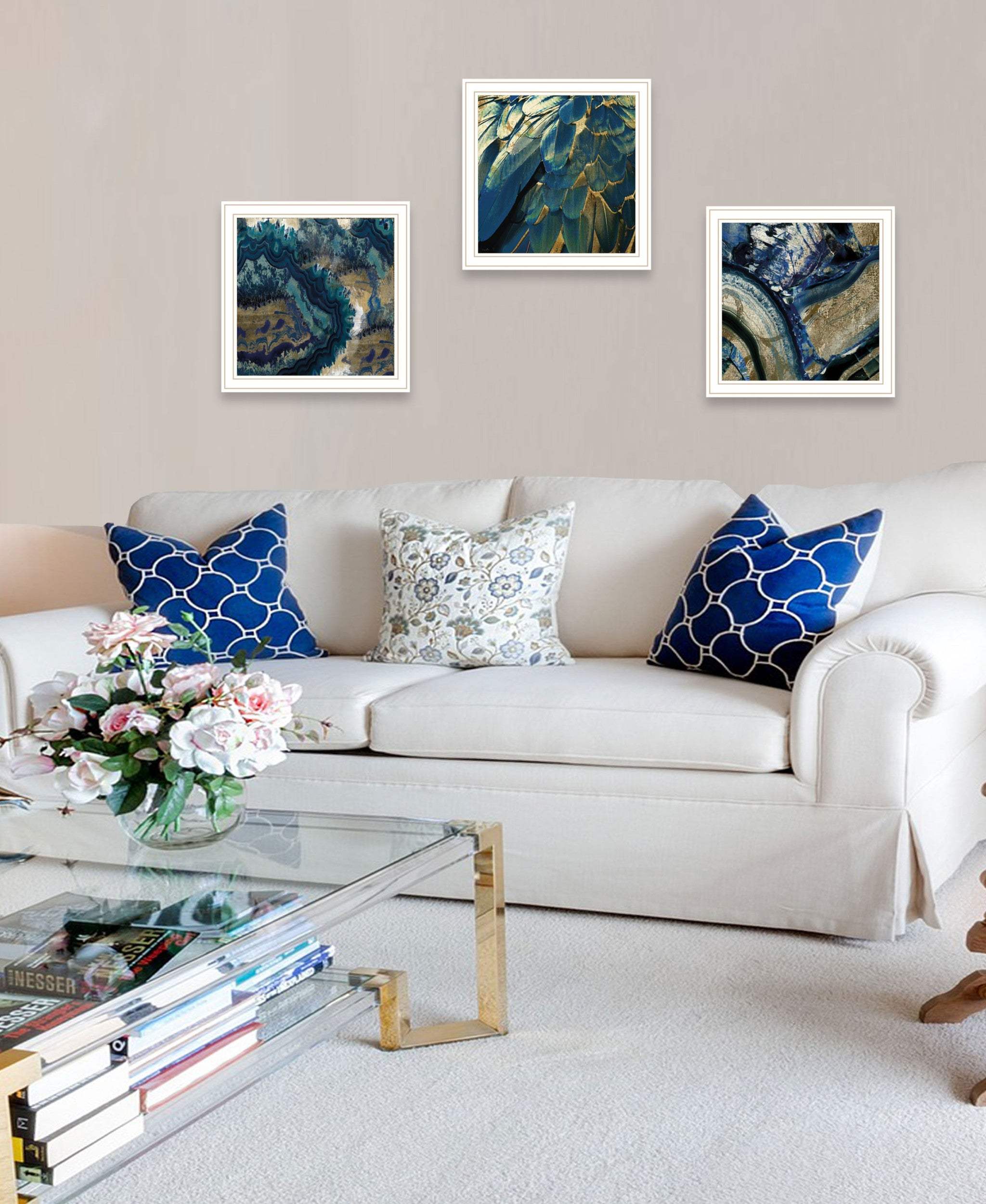 Set Of Three Deep Blue 2 White Framed Print Wall Art - Image 5