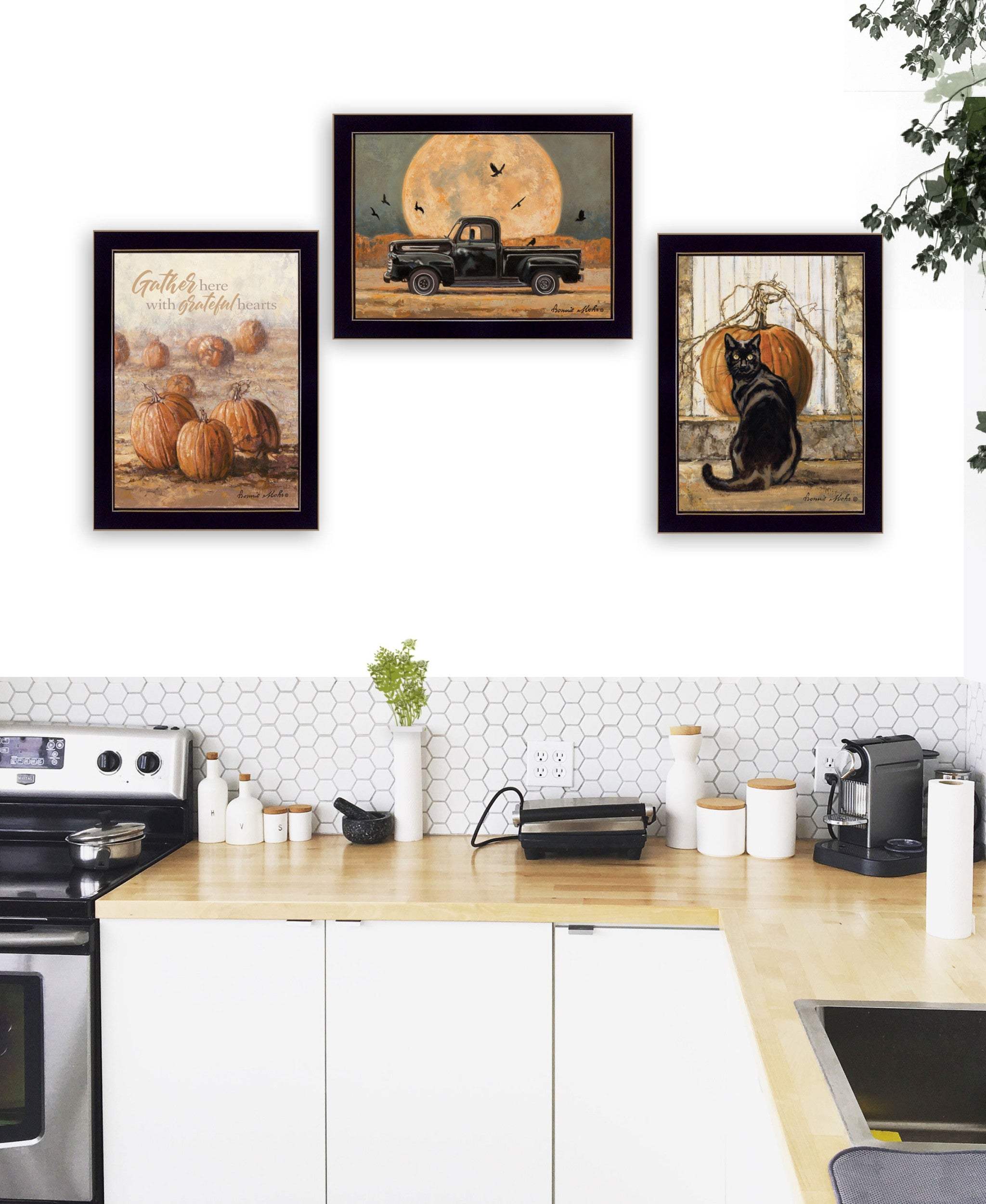 Set Of Three Harvest Moon Black Framed Print Kitchen Wall Art - Image 4