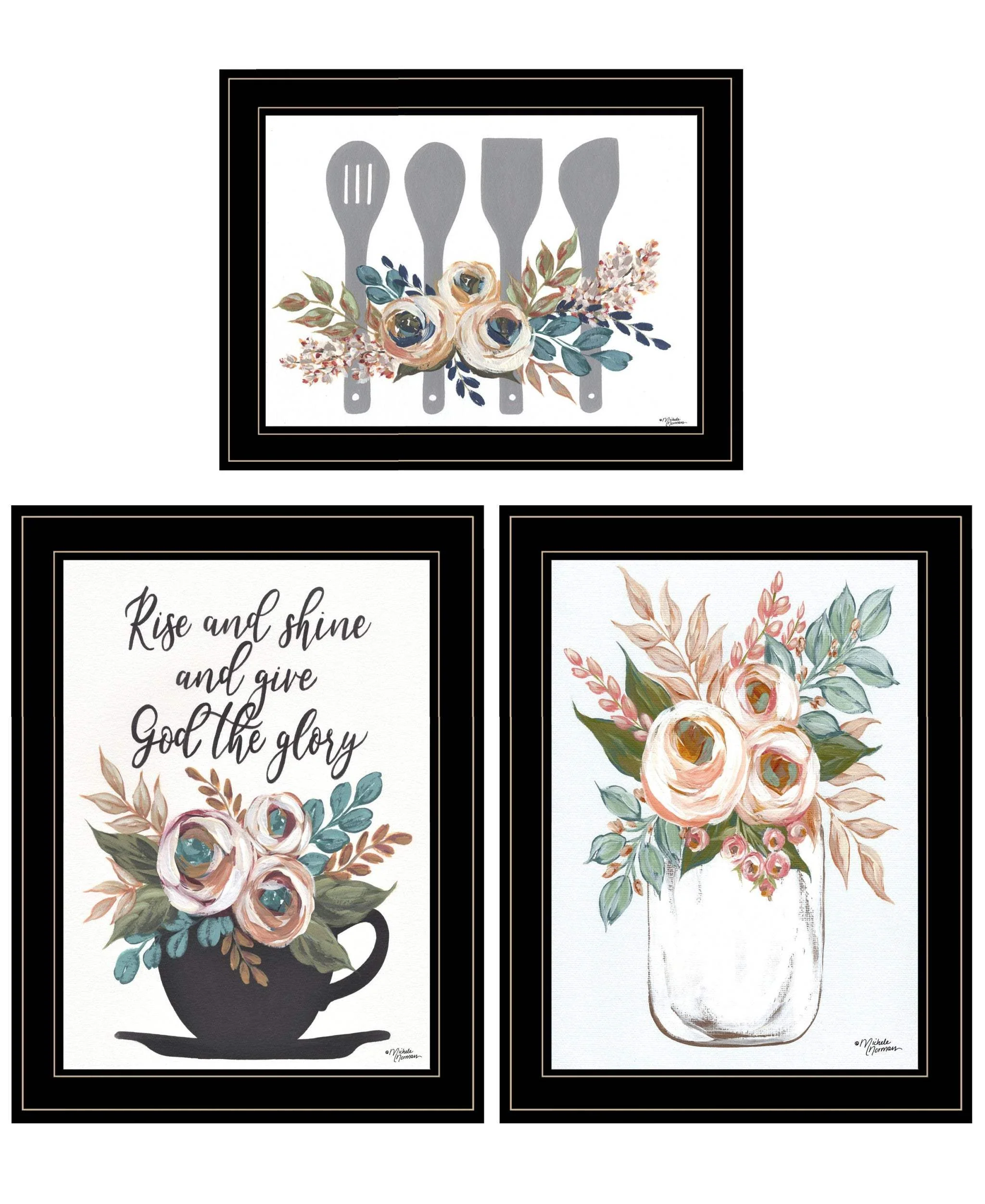Set Of Three Rise and Shine Kitchen Black Framed Print Kitchen Wall Art - Image 2