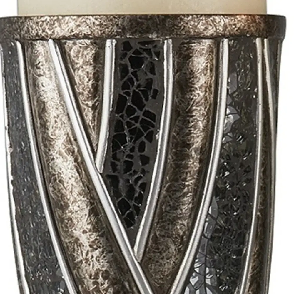 Set of Two Black Silver and Bronze Polyresin Abstract Centerpiece Pillar Candle Holders With Candle - Image 6