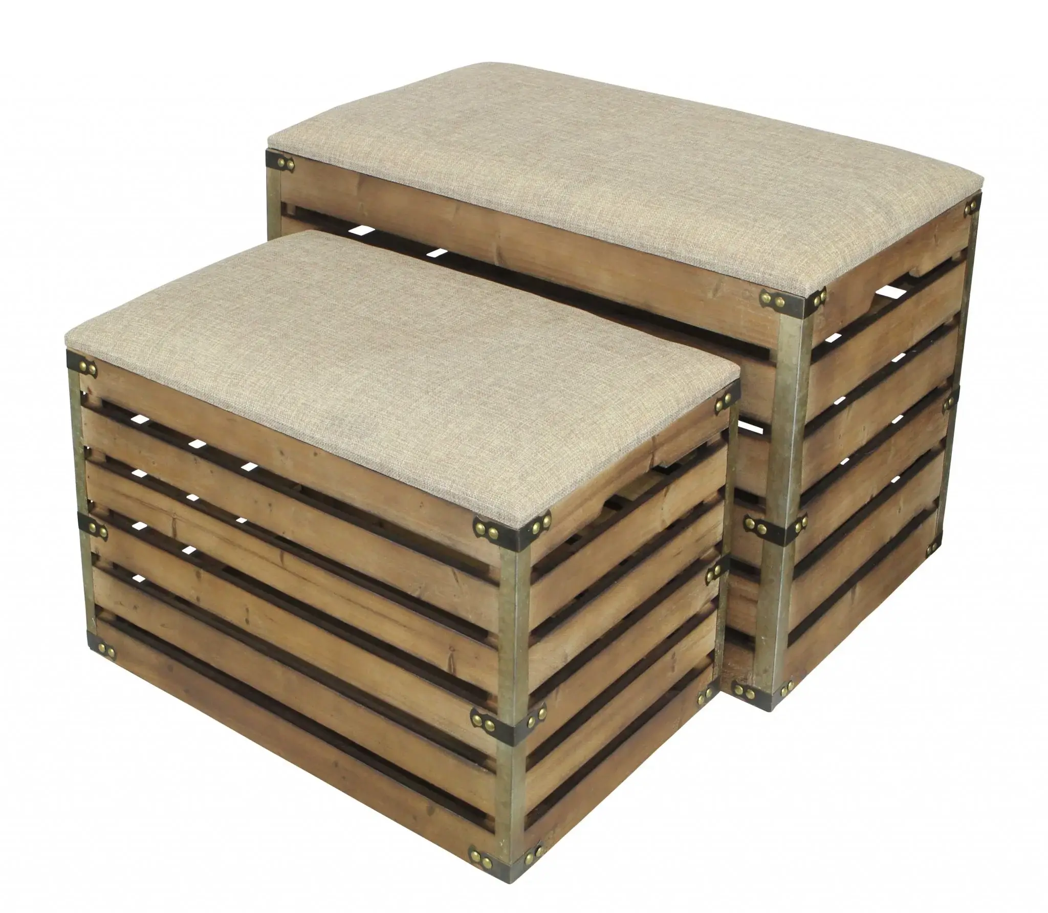 Set of Two Brown Wood Slat and Upholstery Storage Benches With Flip Top - Image 5