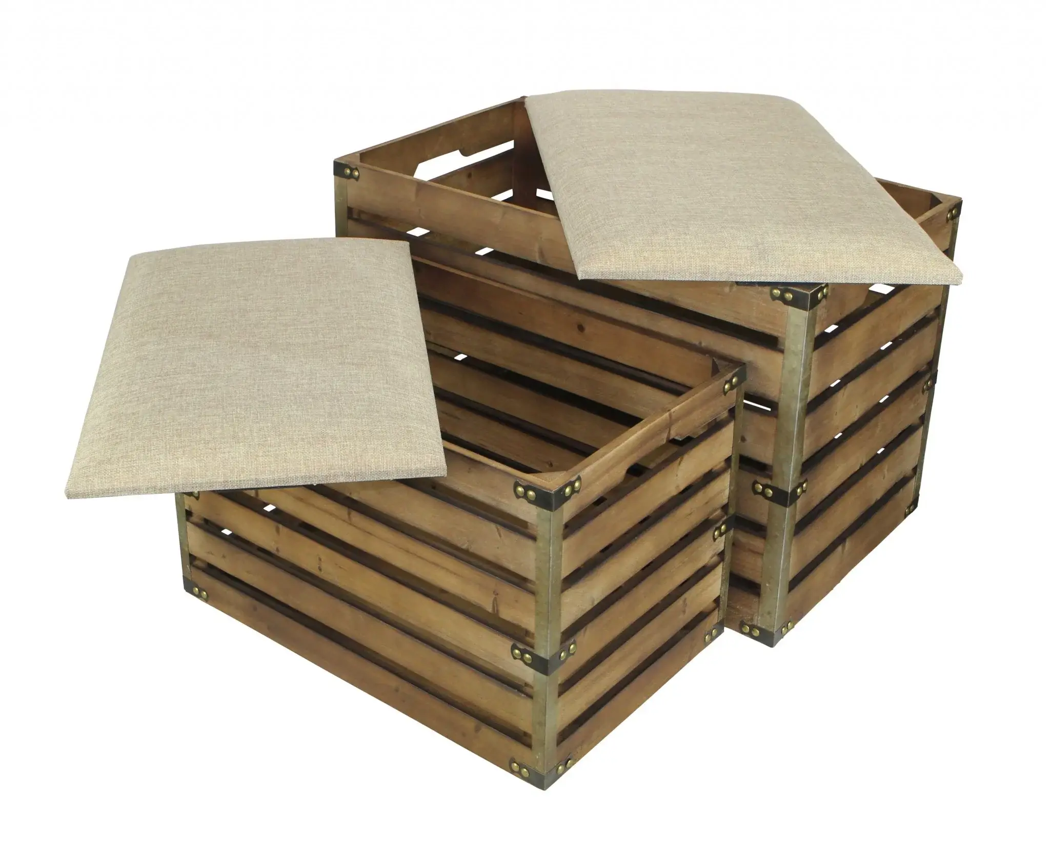 Set of Two Brown Wood Slat and Upholstery Storage Benches With Flip Top - Image 6