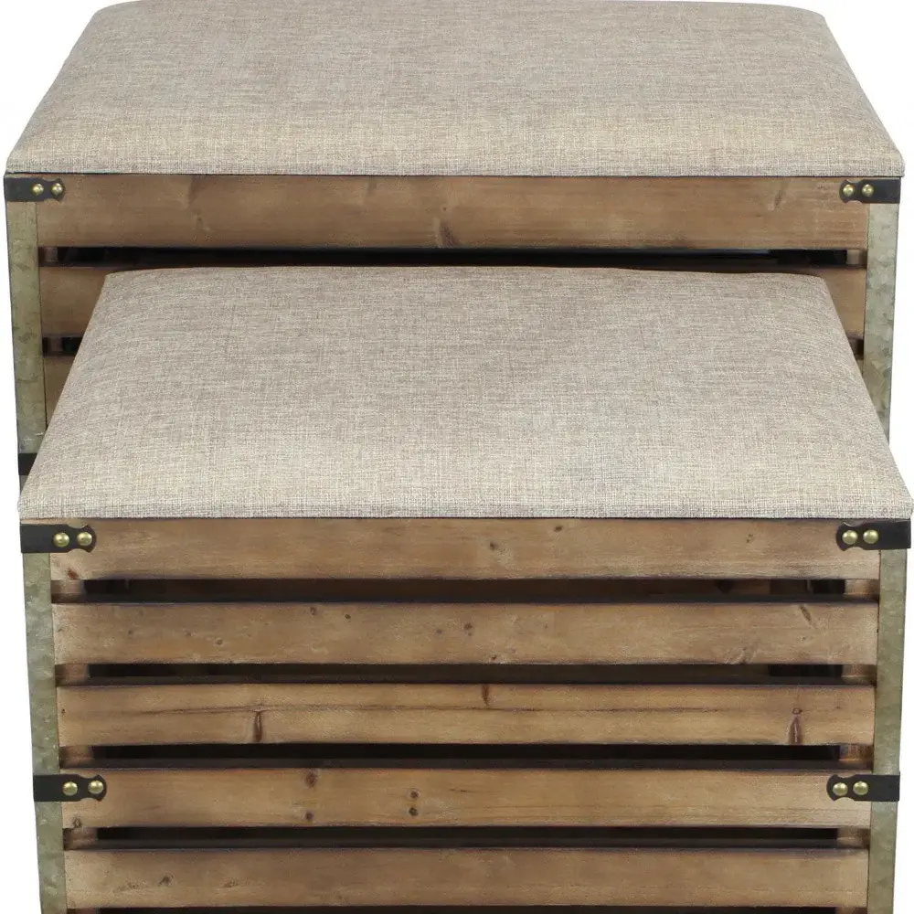 Set of Two Brown Wood Slat and Upholstery Storage Benches With Flip Top - Image 8