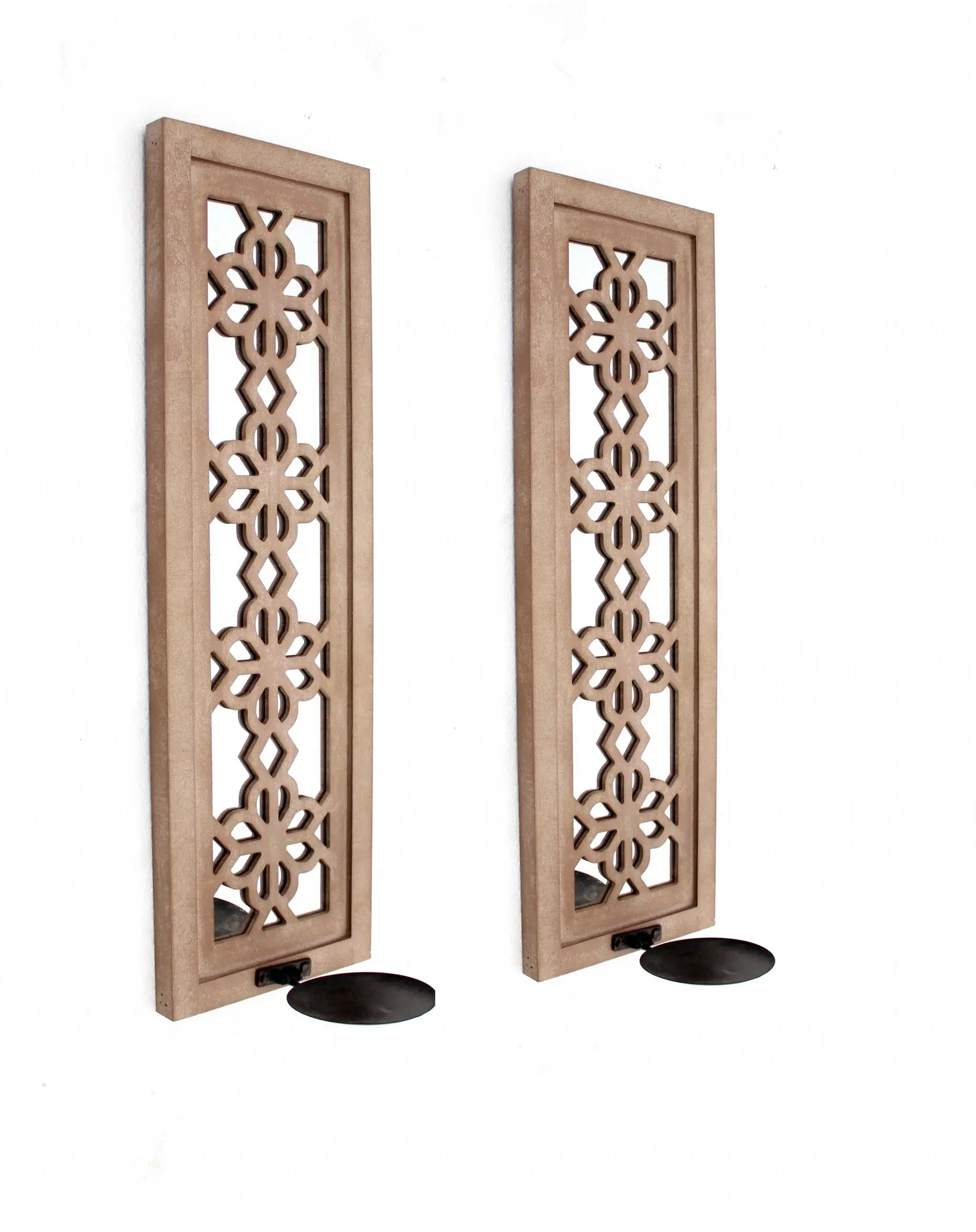 Set of Two Tan Lattice Wall Sconce Candle Holders - Image 3