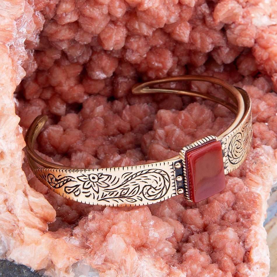 Stamped Orange Carnelian Golden Cuff Bracelet - Image 3